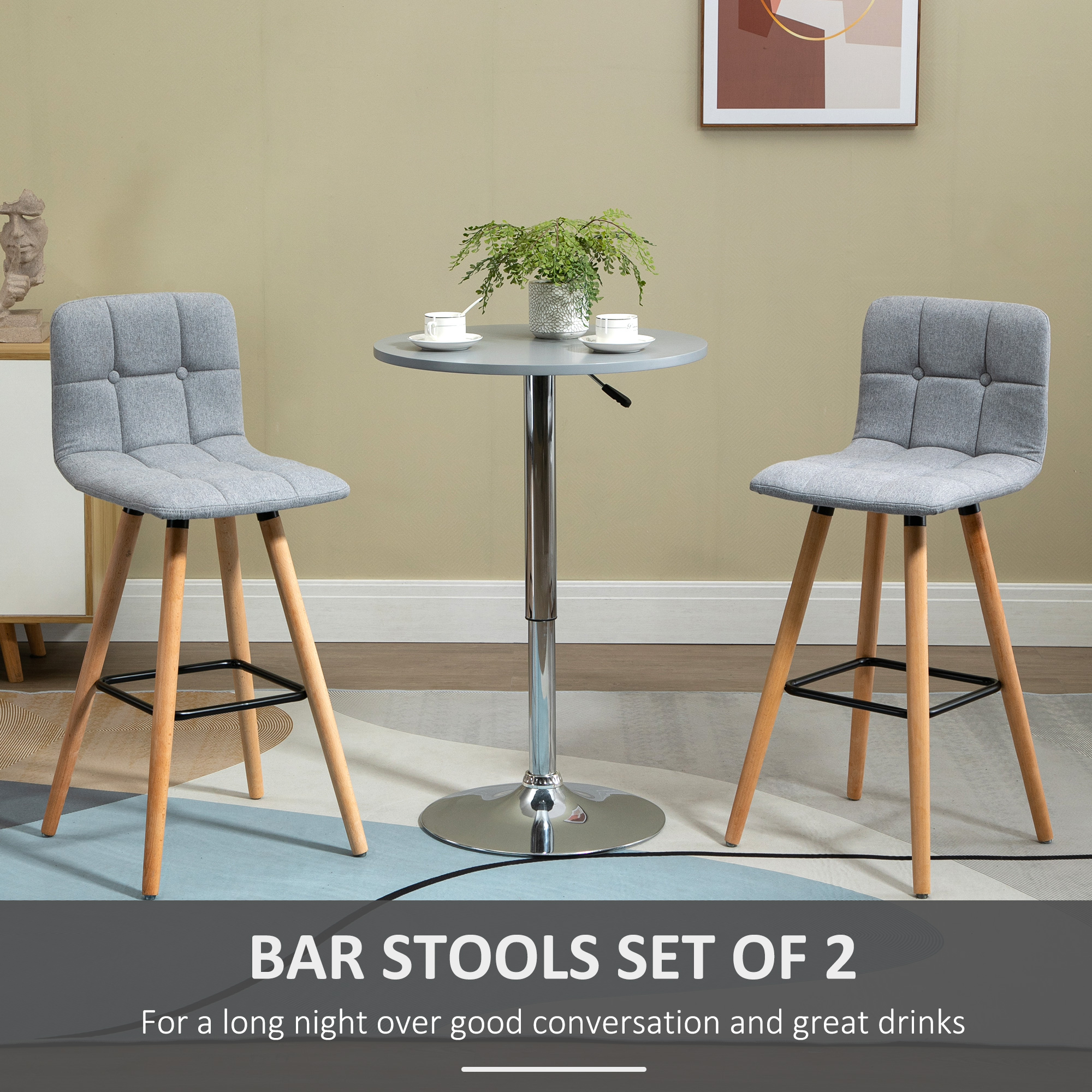 Modern Bar Stools Set of 2, 38" Upholstered Kitchen Island Stool with Solid Wood Legs, Grey - Image 2
