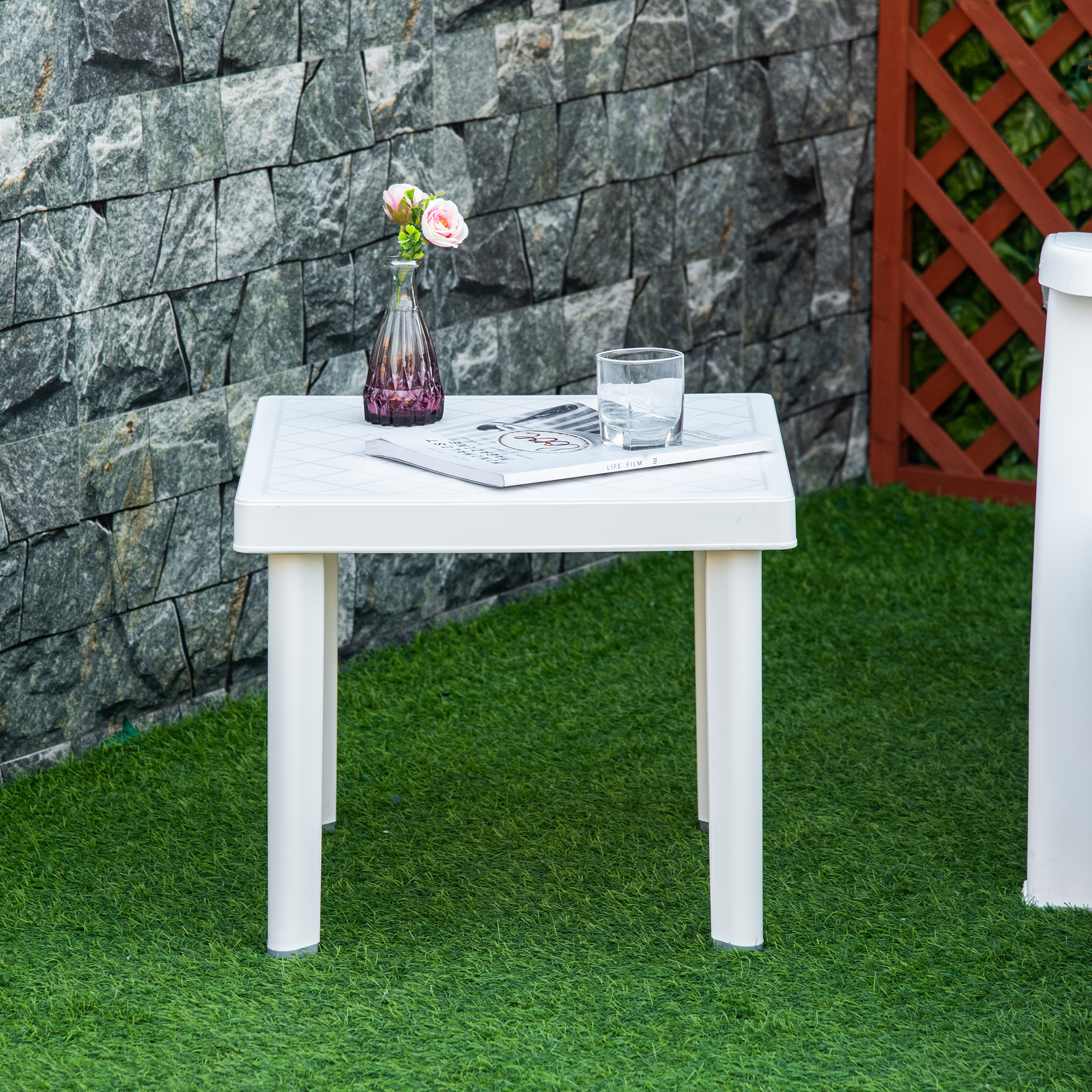 Garden Side Table, Plastic Outdoor Square Coffee Table for Drink, Snack, White - Image 6