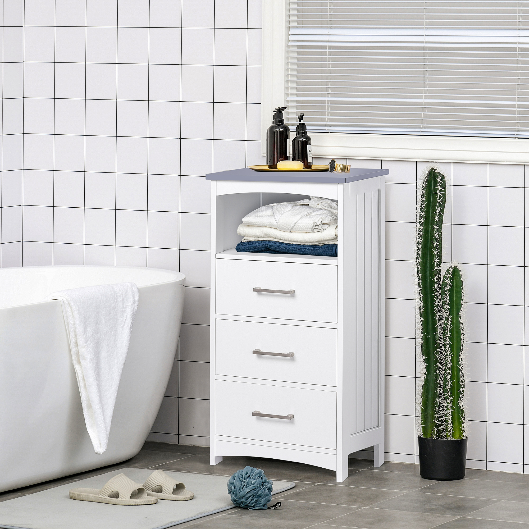 Small Bathroom Storage Cabinet, Floor Cabinet with 3 Drawers and Open Component, Narrow Bathroom Cabinet, White - Image 6