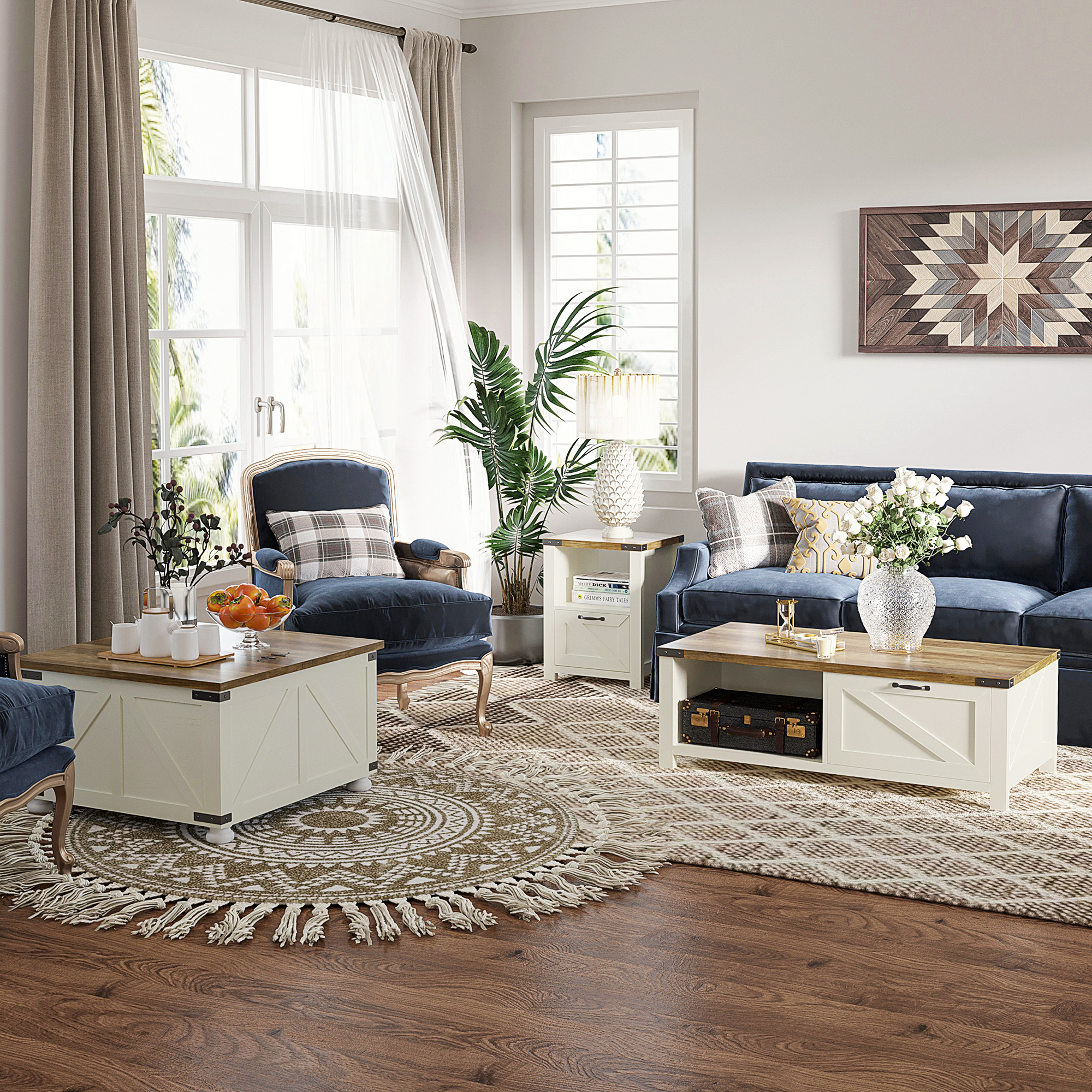 Farmhouse Coffee Table, Square Center Table with Flip-top Lids, Hidden Storage Compartment and Wooden Legs, Antique White - Image 5