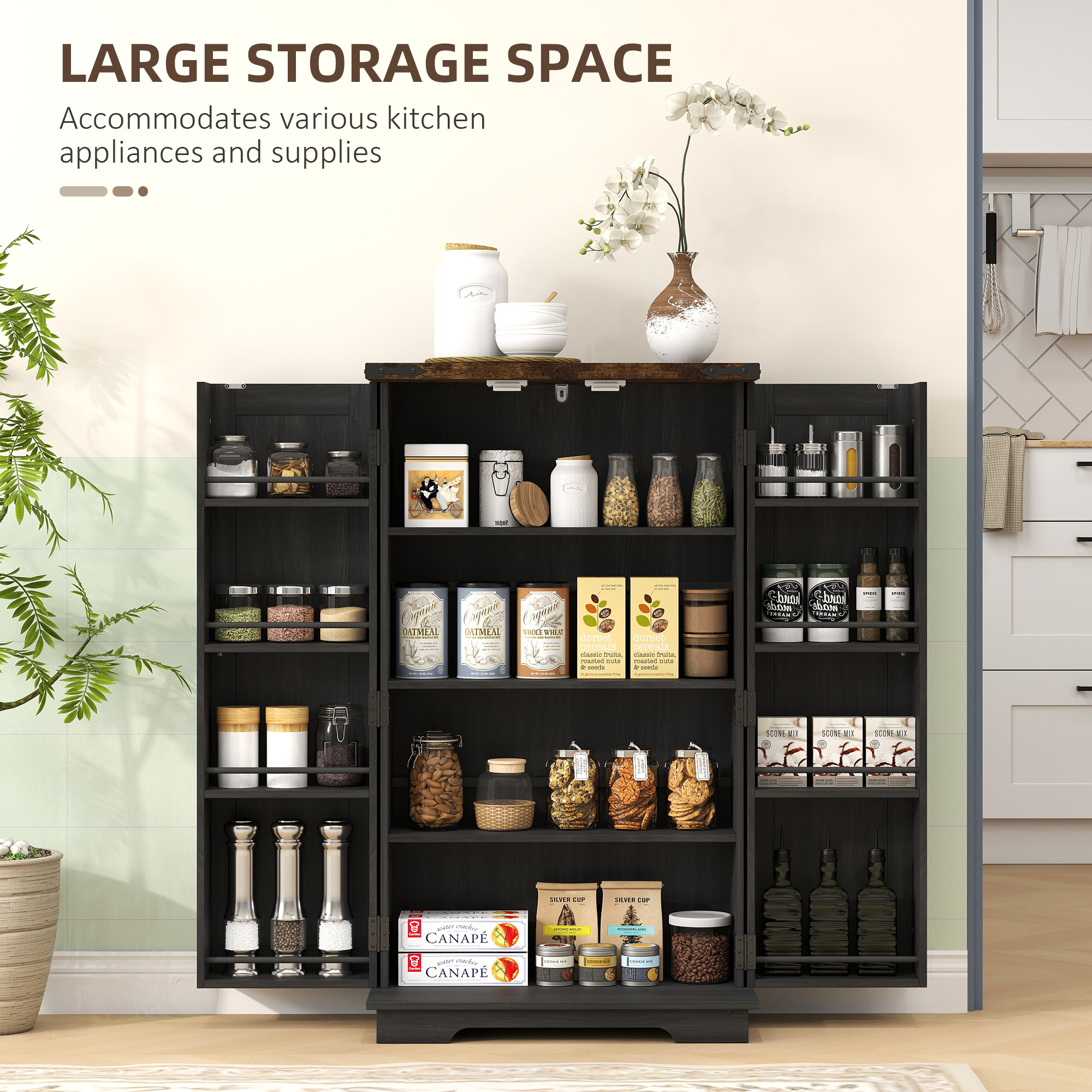 Farmhouse Kitchen Pantry Storage Cabinet, Kitchen Pantry Cabinet with Doors and Adjustable Shelves, Black - Image 2
