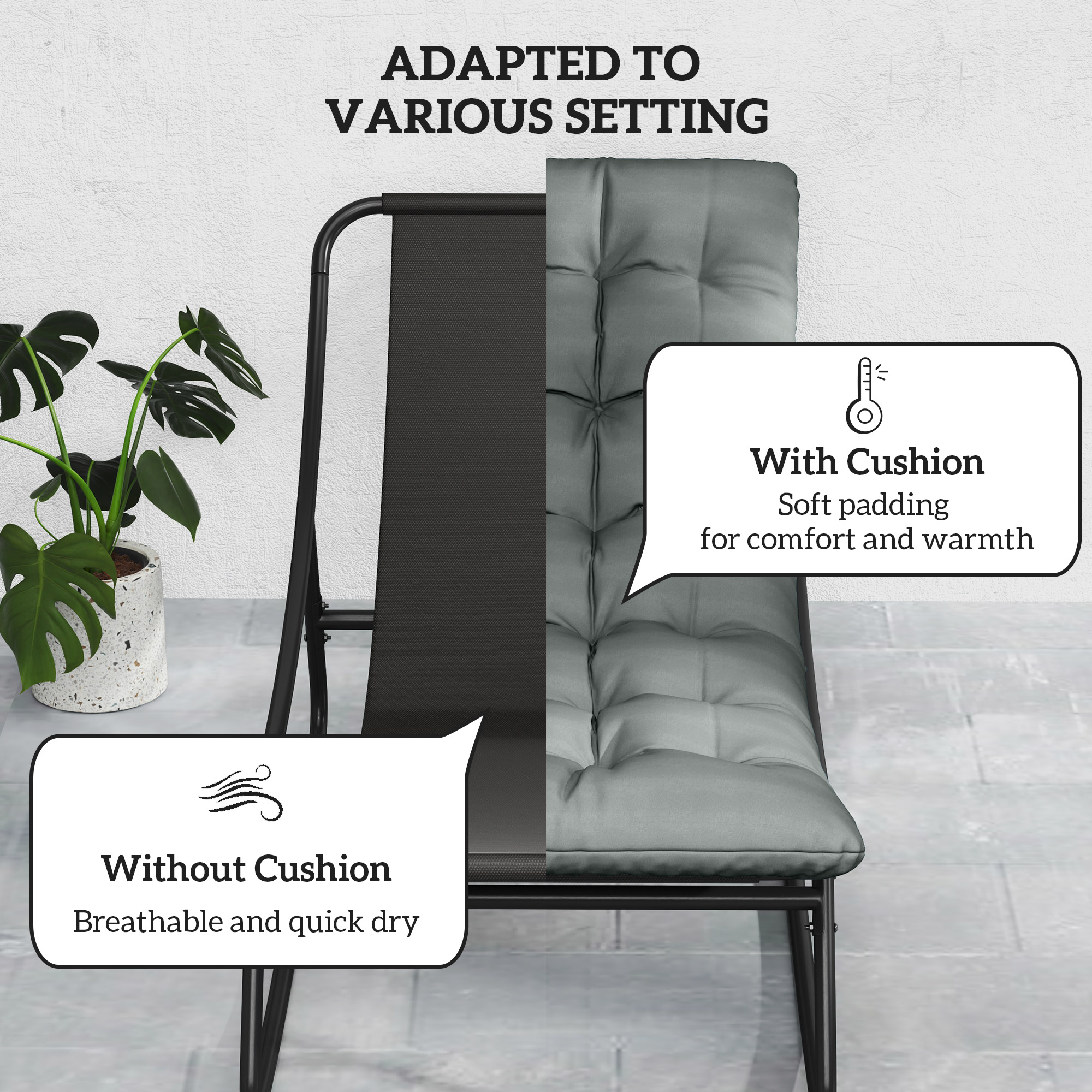 Outdoor Patio Rocking Chair with Cushion, Steel Frame Balcony Chair with Mesh Deep Seat for Porch, Garden, Grey - Image 3
