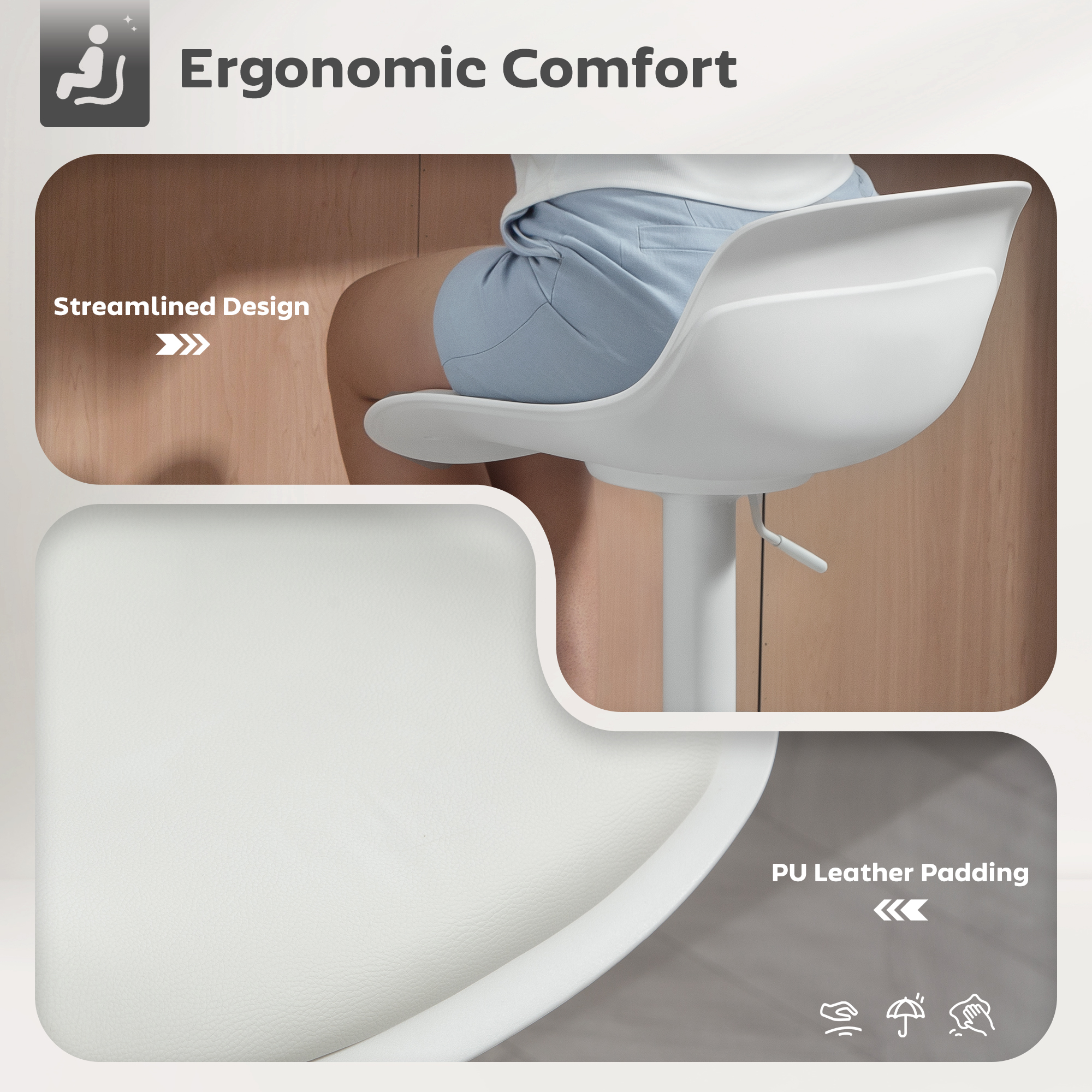 Counter Height Bar Stools Set of 2, Streamlined Bar Chairs with Adjustable Height and Swivel PU Leather Seat, White - Image 4