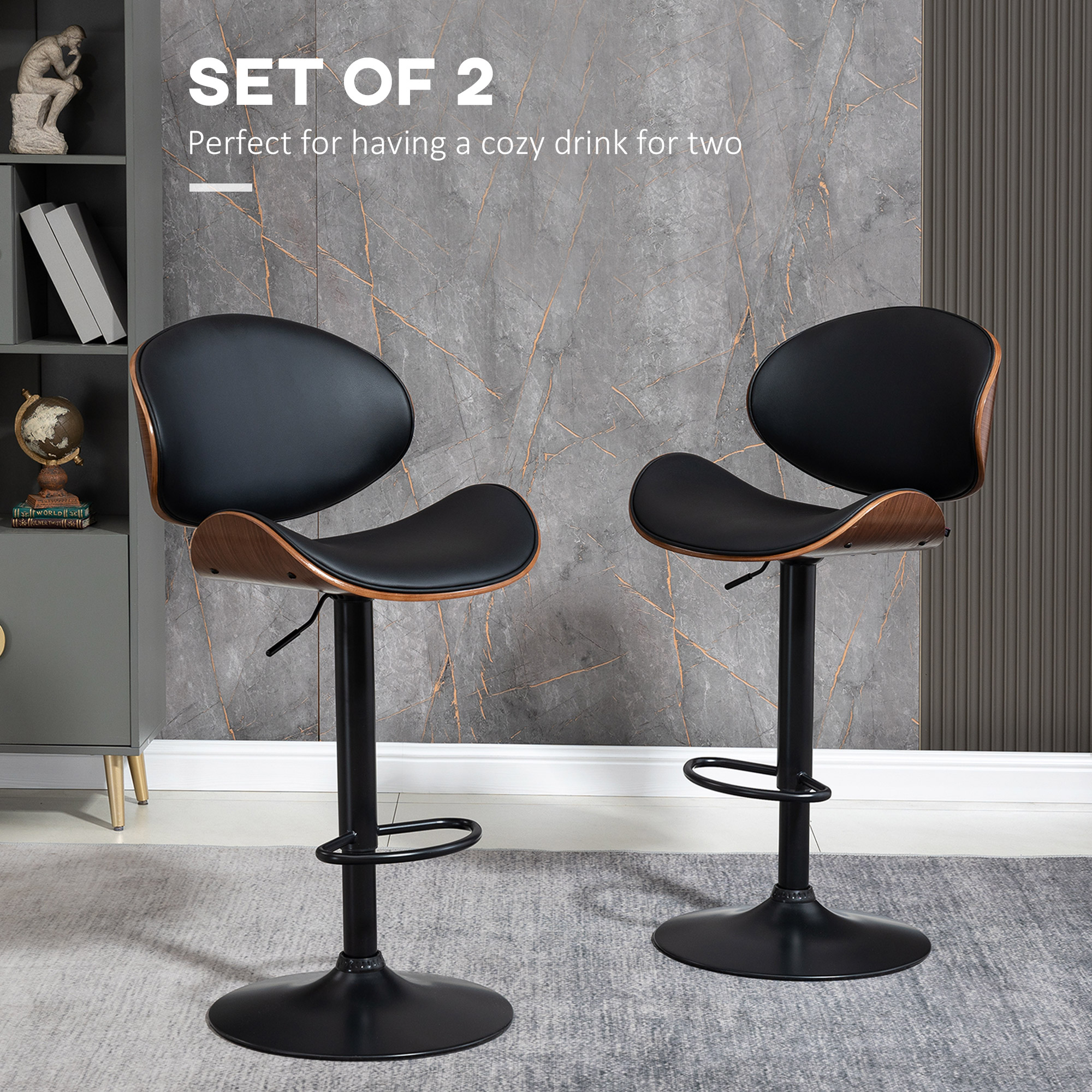 Bar Stools Set of 2, Modern PU Leather Adjustable Swivel Barstools with Curved Back, Footrest and Steel Base, Black - Image 2