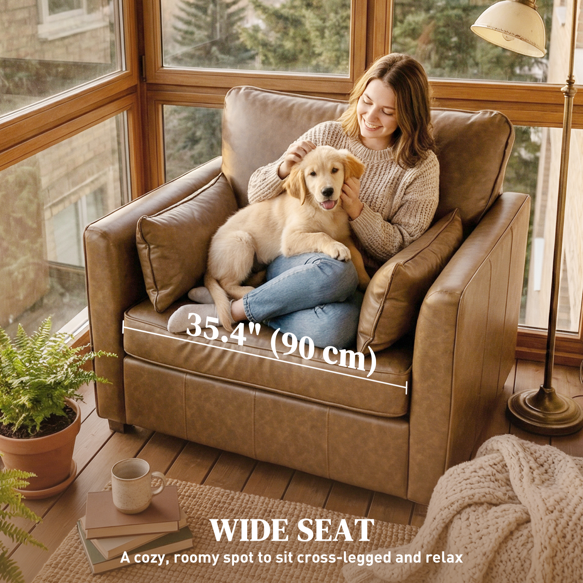 Accent Chair, PU Leather Armchair with Wide Seat, Spring Cushion, Rubberwood legs, 2 Pillows, Brown - Image 3