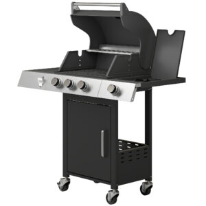 3 Burner Propane Gas Grill with Side Burner, 36,000 BTU BBQ Grill with Cast Iron Grates, Wheels, Warming Rack, Cabinet