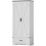 72" Farmhouse Pantry Cabinet with Adjustable Shelves, Kitchen Pantry Cabinet with 2 Doors, White Wood Grain