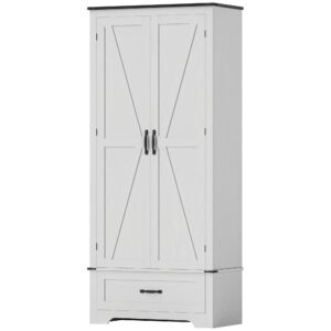 72" Farmhouse Pantry Cabinet with Adjustable Shelves, Kitchen Pantry Cabinet with 2 Doors, White Wood Grain