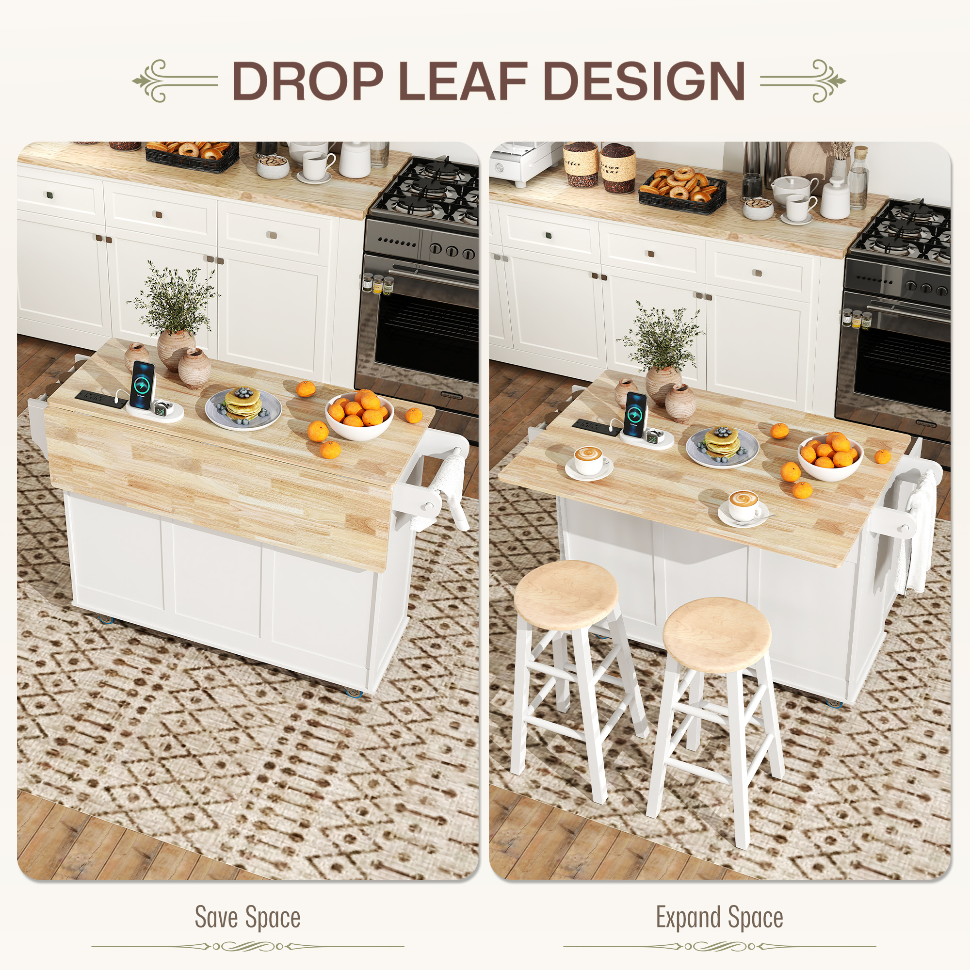 Kitchen Island on Wheels with Drop Leaf, Charging Station, Rolling Kitchen Cart with Wood Top, Adjustable Shelf, White - Image 2