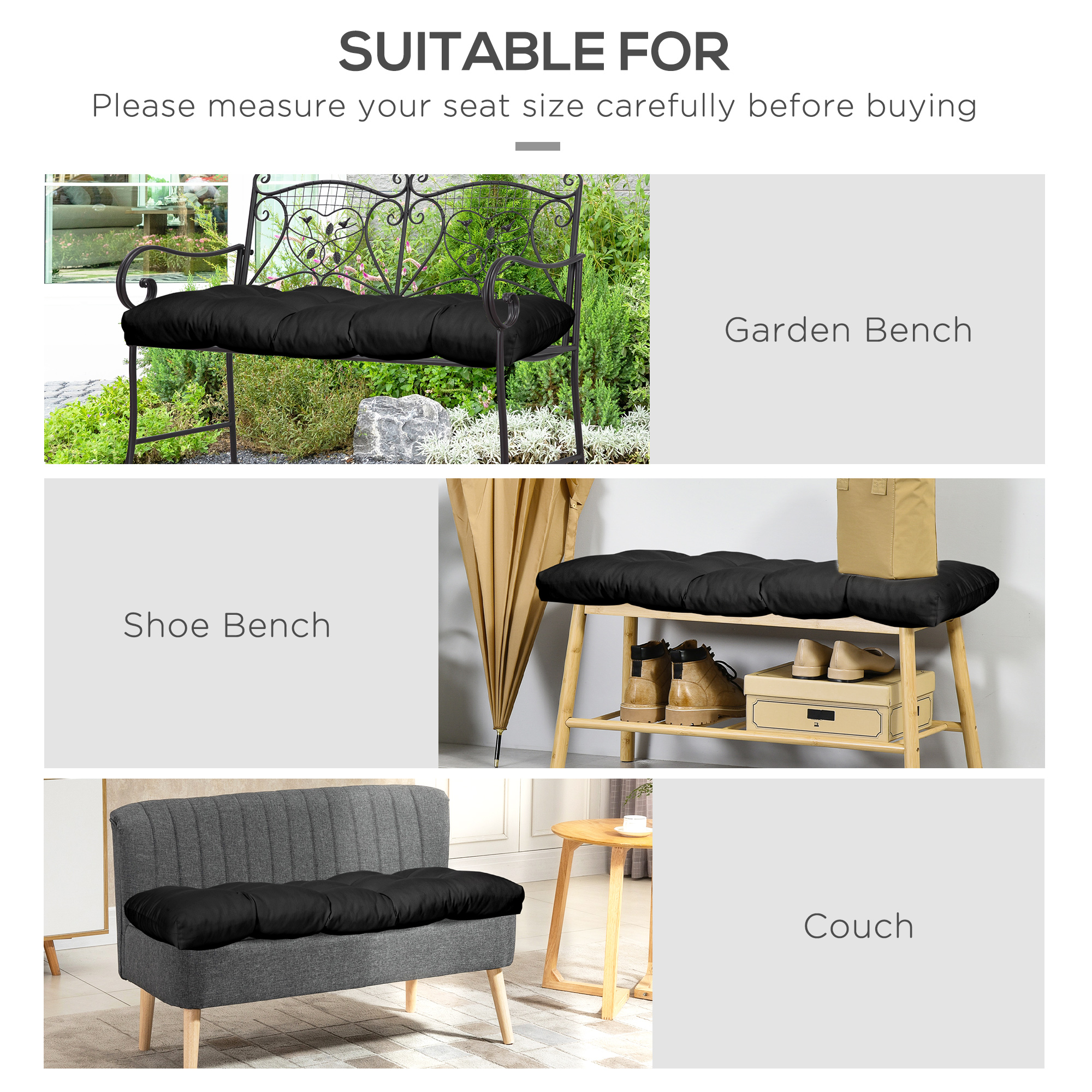 Set of 2 Patio Bench Replacement Cushions, 2 Seater Outdoor Loveseat Cushion Seat Pad, 43" x 19" x 3", Black - Image 4