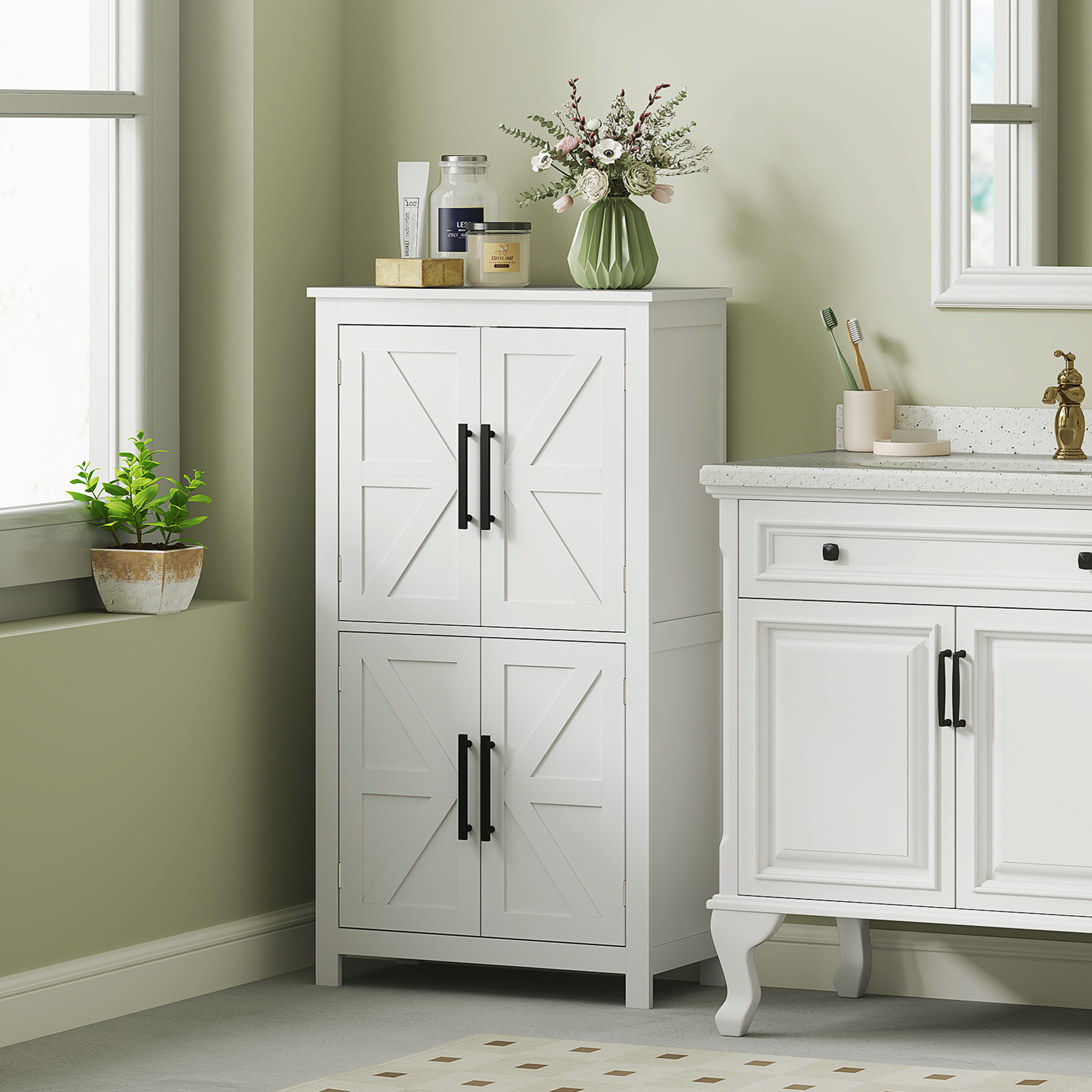 Farmhouse Bathroom Storage Cabinet, Bathroom Floor Cabinet with Barn Doors and Adjustable Shelf, White - Image 6