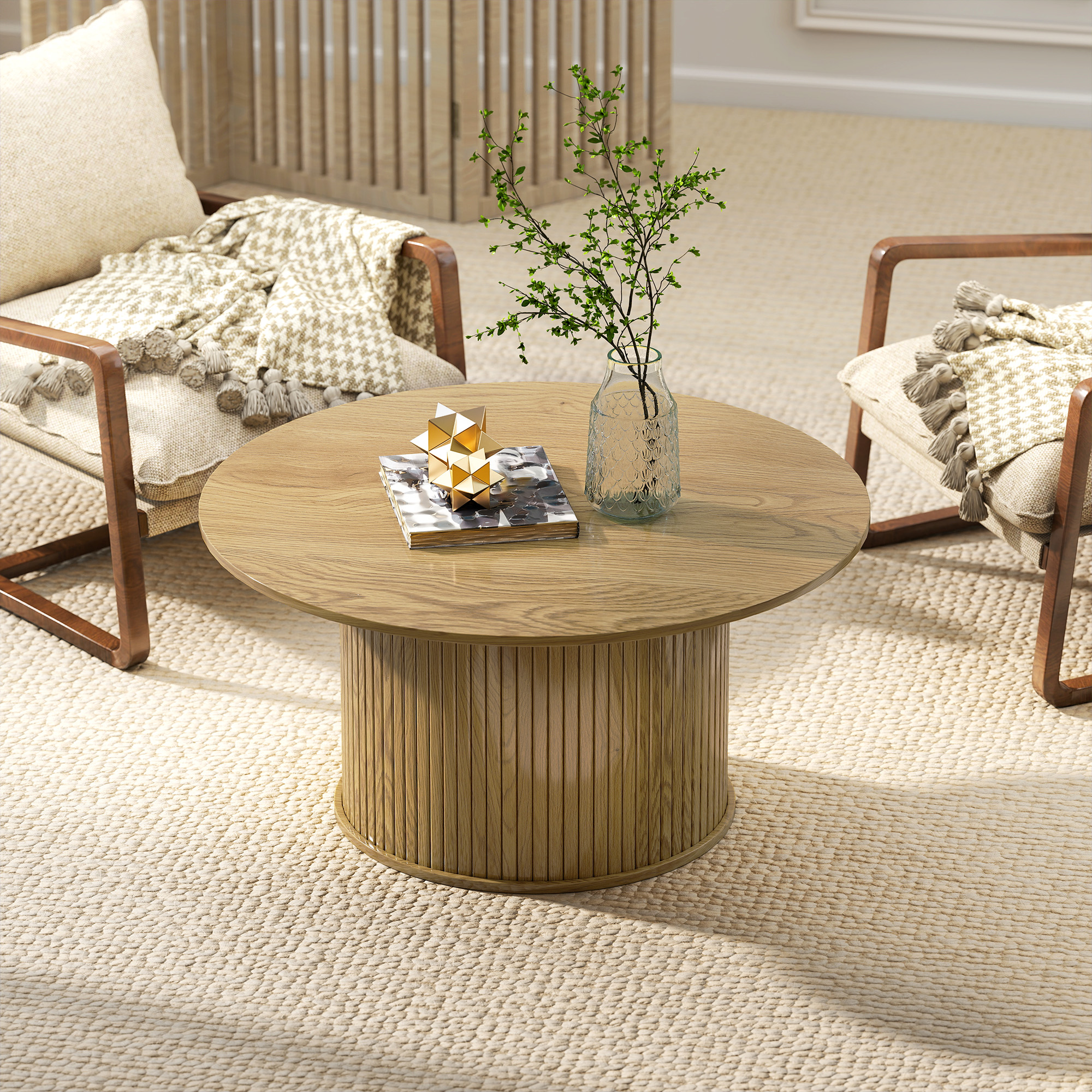 31.5" Round Coffee Table, Nordic Style Center Table with Fluted Cylindrical Base for Living Room, Oak - Image 6