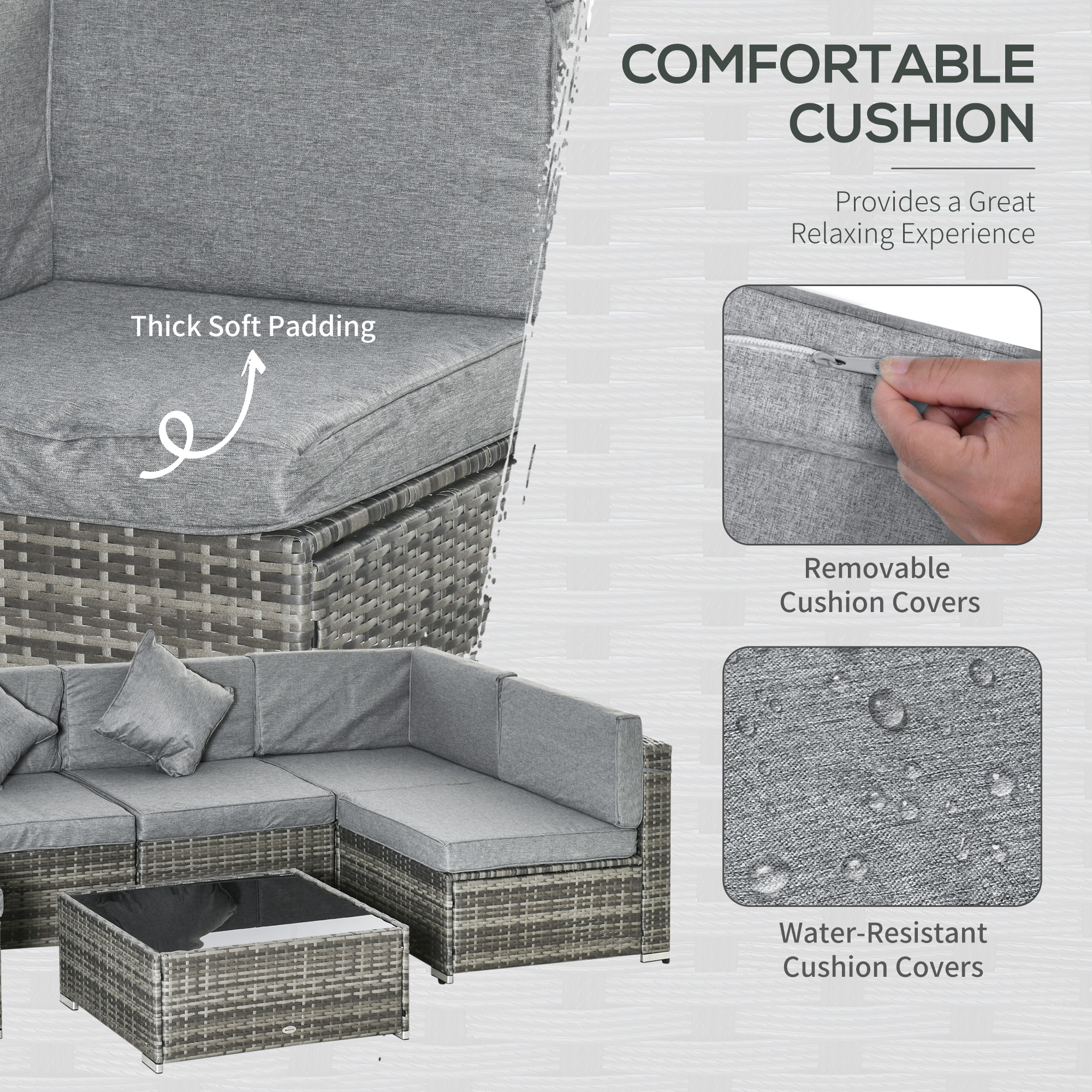 7pc Garden Wicker Sectional Set with Tea Table Patio Rattan Lounge Sofa Outdoor Deck Furniture Light Grey - Image 3