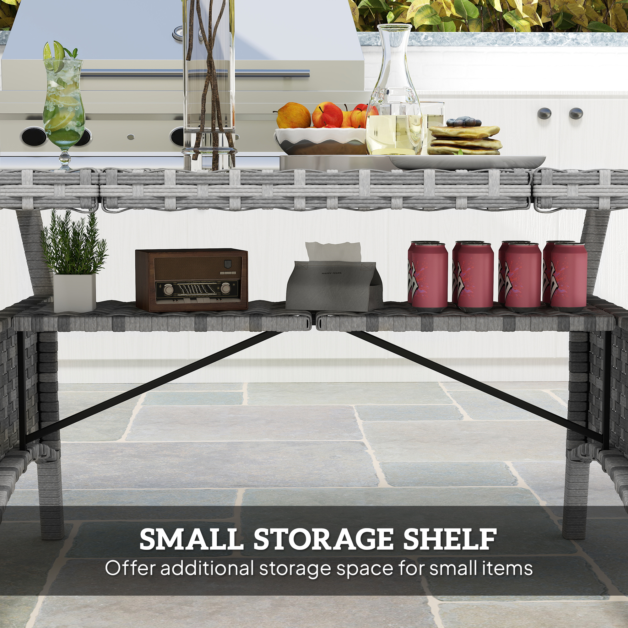 75" Outdoor Dining Table for 6-8, Wicker Patio Table with Storage Shelf and WPC Slatted Top for Balcony, Grey - Image 4