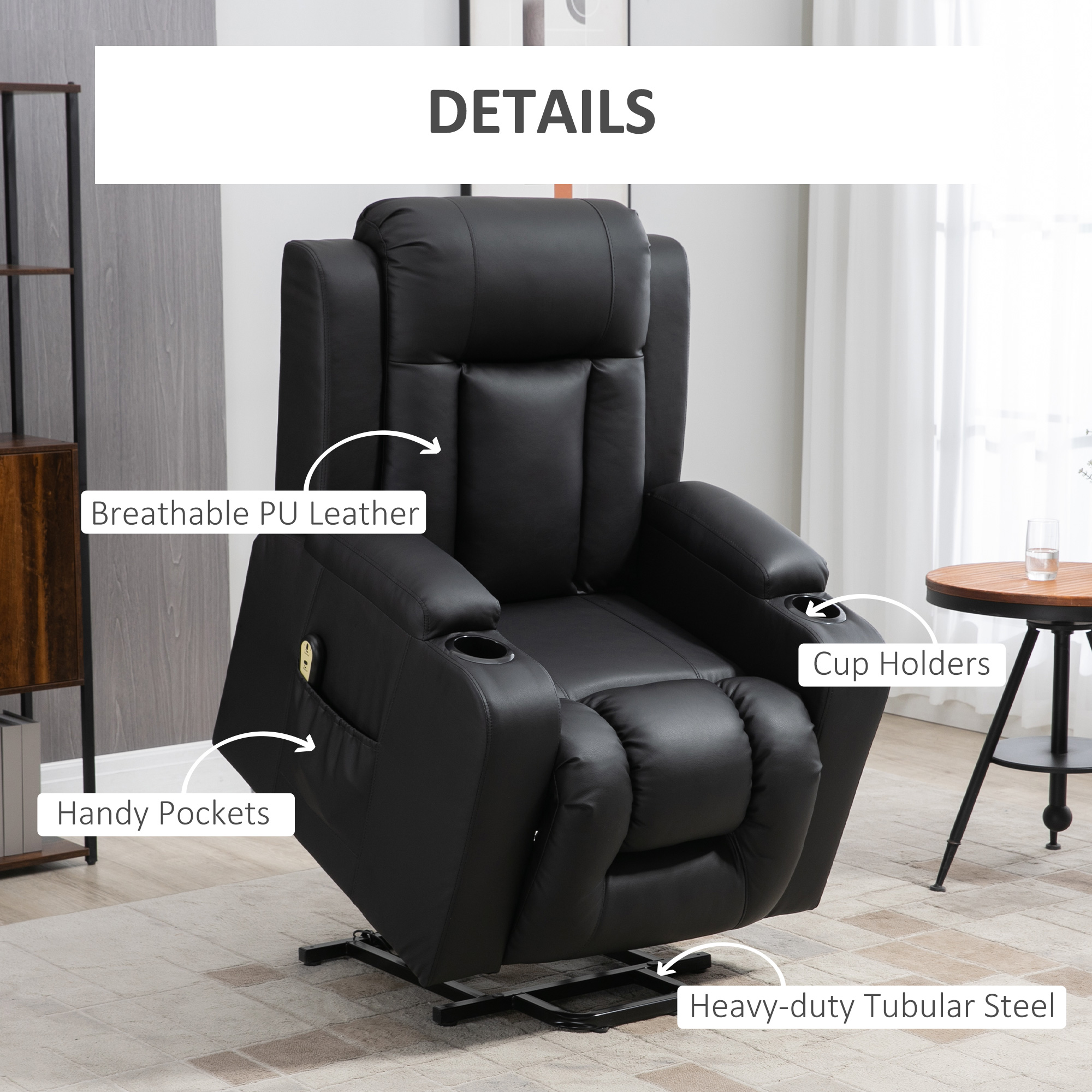 Power Lift Recliner Chair for Elderly, PU Leather Electric Recliner Chair with Footrest, Remote Control, Side Pockets and Cup Holders for Living Room, Black - Image 5