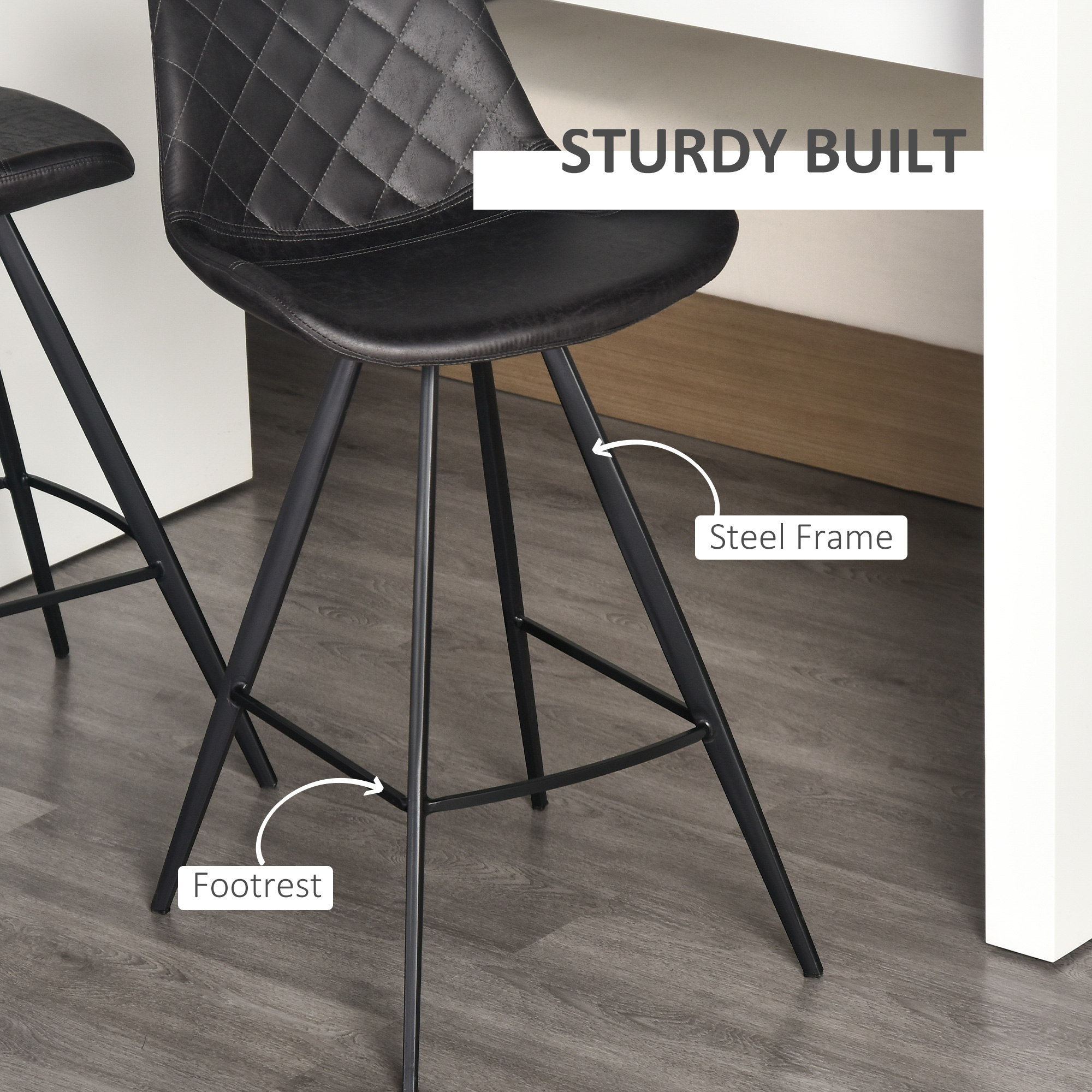 Set of 2 Microfiber Cloth Bar Stools, Multi-functional Kitchen Stools, Bar Chair with Metal Leg Padded Cushion Seat for Dining, Black - Image 4
