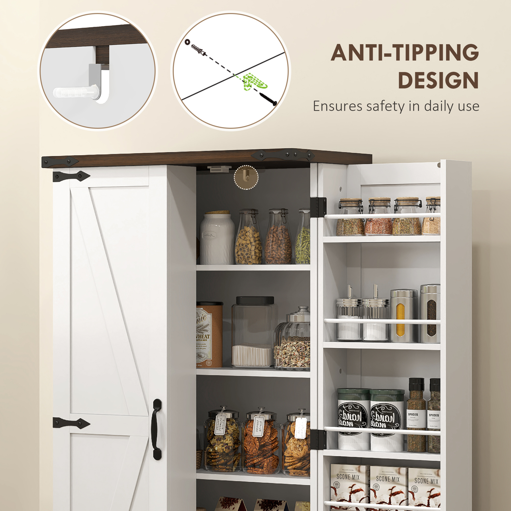 47" Kitchen Pantry Storage Cabinet, Farmhouse Kitchen Pantry Cabinet with Adjustable Shelves and Door Shelves, White - Image 5