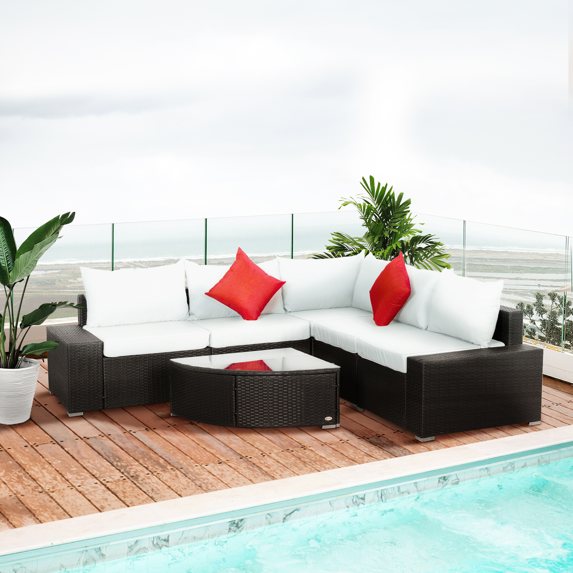 6 Piece Outdoor Wicker Furniture Set, Patio Cushioned Rattan Sofa Chair and Table, Cream White - Image 5