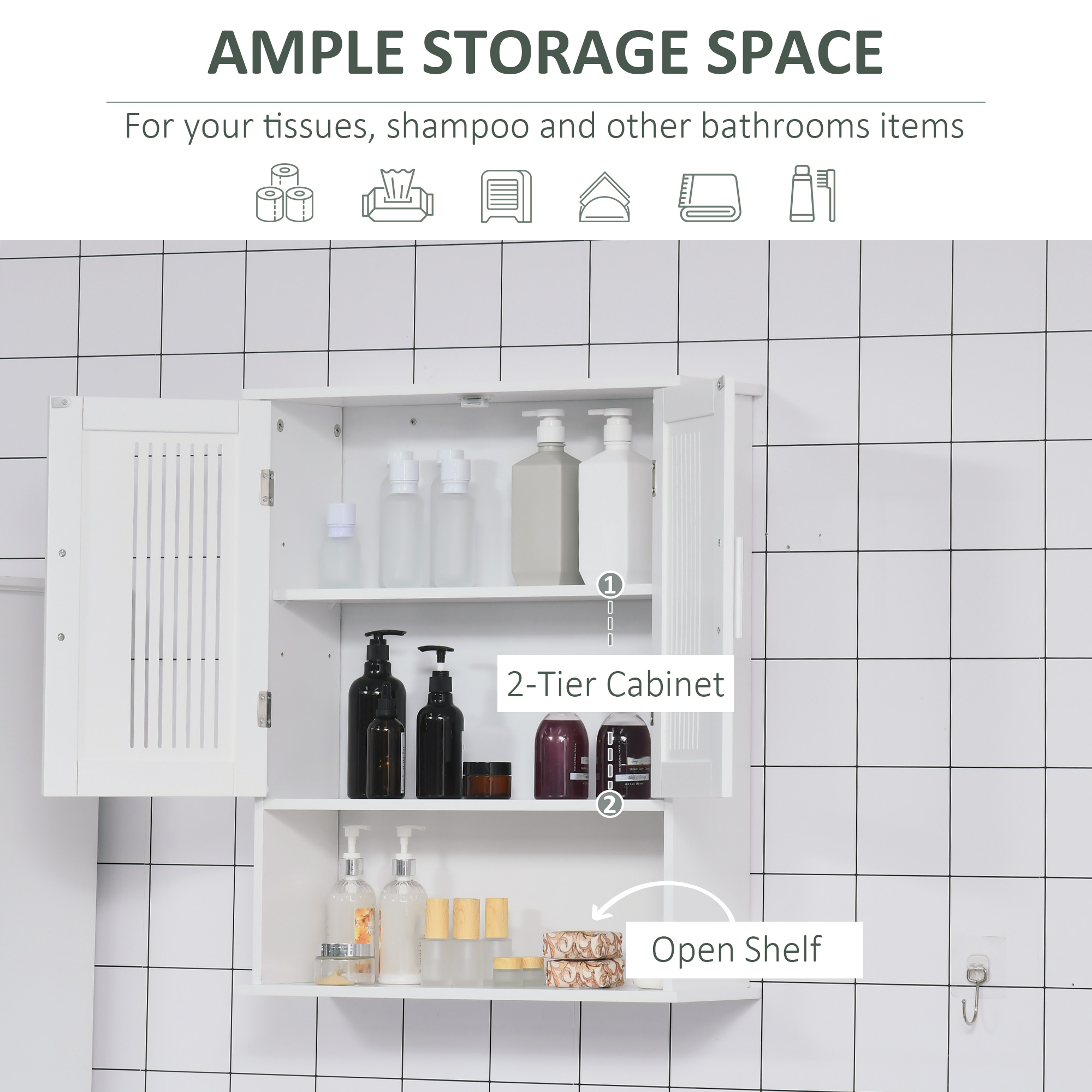 Modern Wall Mount Bathroom Cabinet, Storage Organizer with 2 Door Cabinet and Shelf, White - Image 3