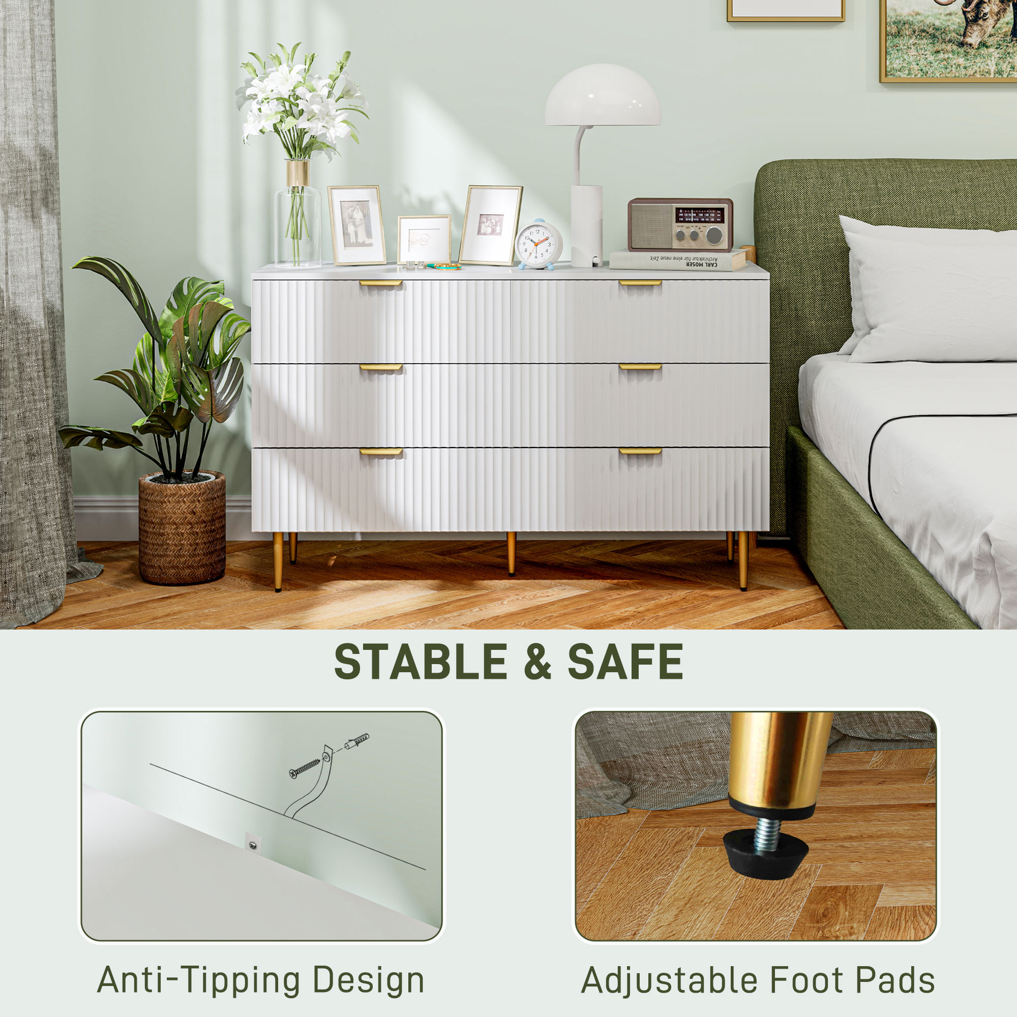 Modern Chest of Drawers 6 Drawer Dresser for Bedroom with Gold Legs and Handles, White - Image 4