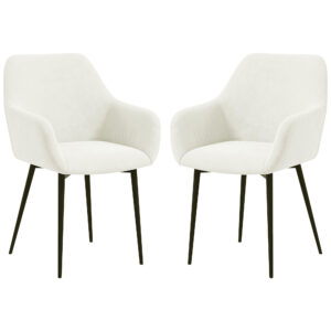 Dining Chairs Set of 2, Velvet-look Fabric Upholstered Kitchen Chairs with Backrest, Armrests and Steel Legs, Cream White