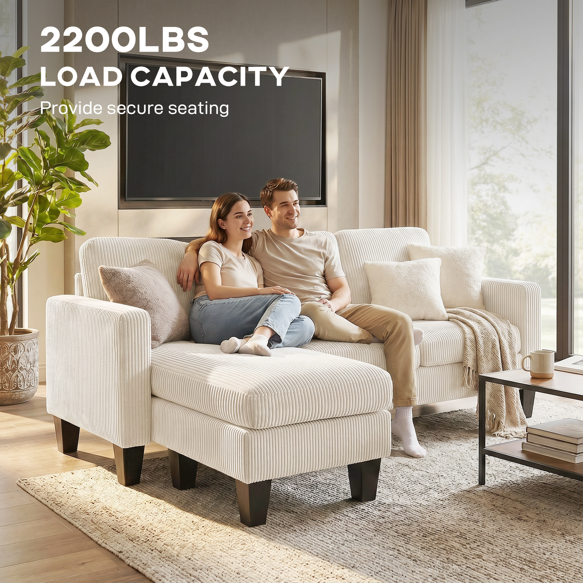 Sectional Sofa, L Shaped Couch, with Changeable Chaise or Ottoman, Cream White - Image 5