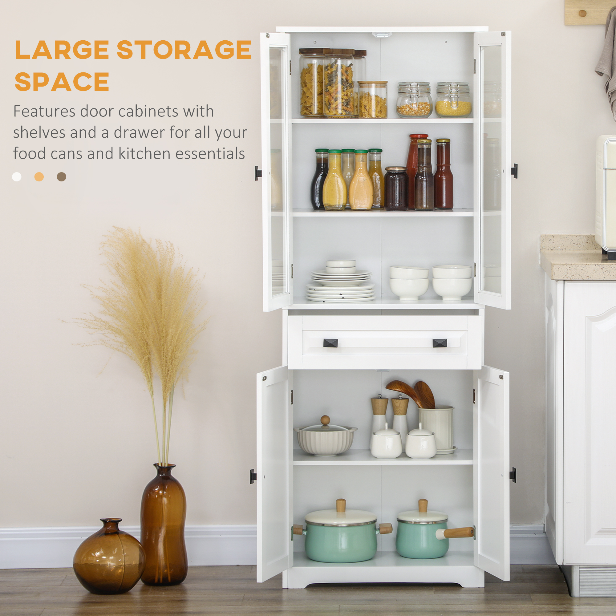 63" 4-Door Kitchen Pantry Cabinet, Freestanding Storage Cabinet Cupboard with Adjustable Shelves, White - Image 2