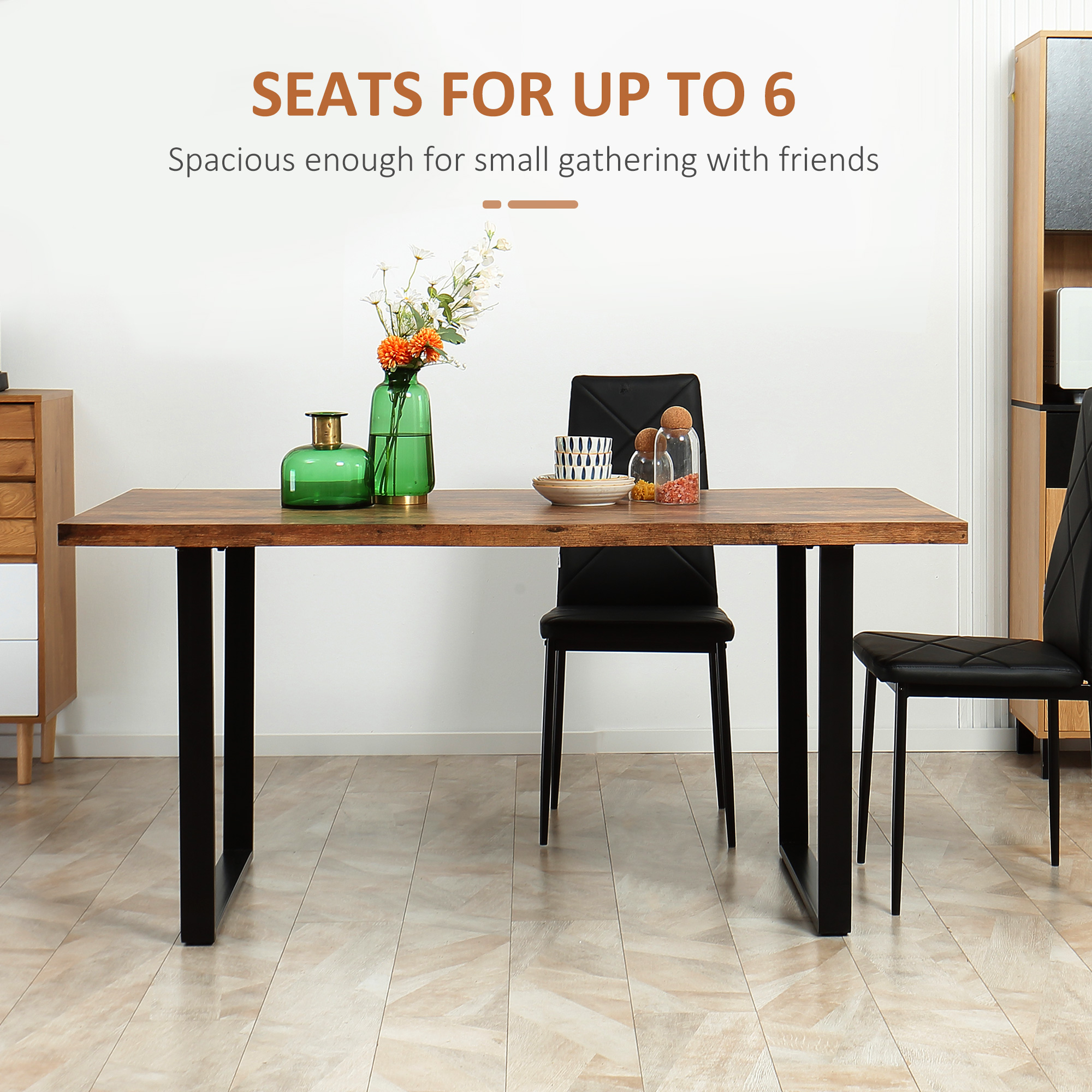63" Kitchen Table, Industrial Dining Table with Wave-edged Tabletop and Steel Legs for Up to 6 People, Rustic Brown - Image 3