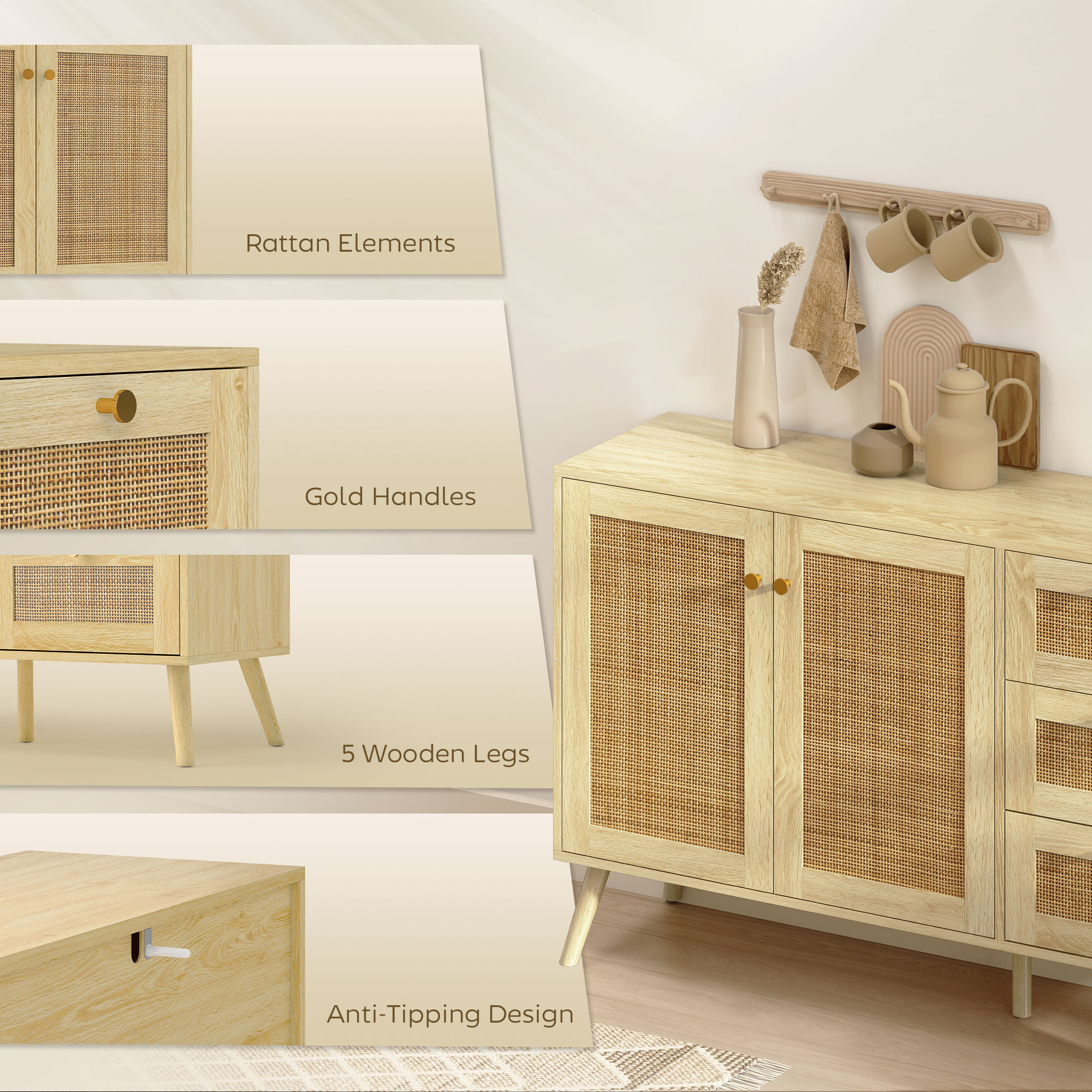 47" Buffet Cabinet with Soft-Close Doors, Rattan Sideboard with Drawers, Adjustable Shelf and Wooden Legs, Natural - Image 5