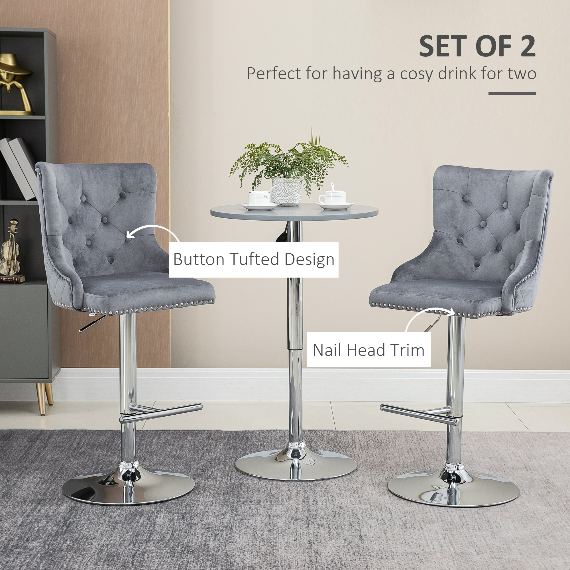 Modern Adjustable Bar Stools Set of 2, Swivel Velvet Barstools, Counter Height Bar Chairs with Button Tufted Back, Footrest, Nailhead Trim for Home Bar, Grey - Image 2