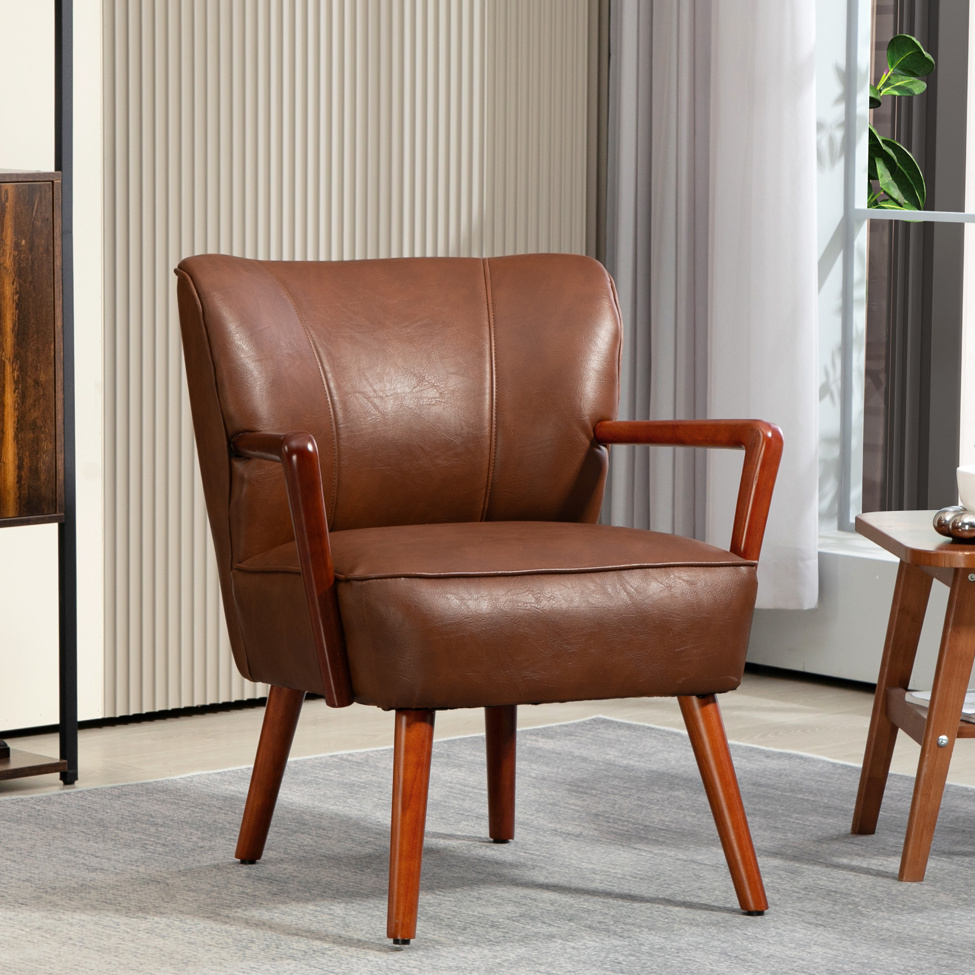 Accent Chair, Modern Armchair, Faux Leather Upholstered Living Room Chair with Wood Legs and Wide Padded Seat, Brown - Image 6