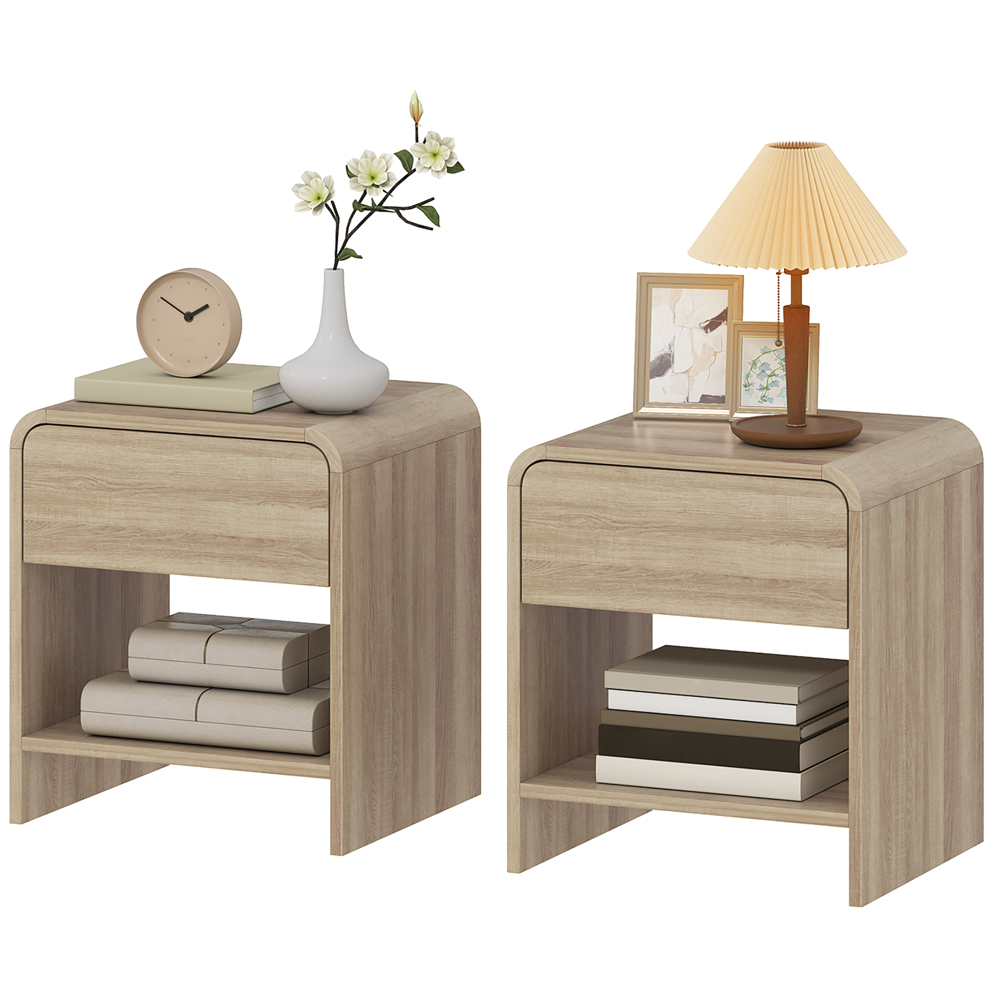 Nightstand Set of 2, Modern Bedside Table with Rounded Corners, Nightstand with Drawer and Open Shelf, Natural Wood