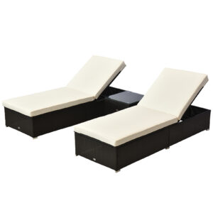 3pc Rattan Lounge Chair Set with Side Table Outdoor Patio Synthetic Rattan Wicker Sun Bed Set with Cushion