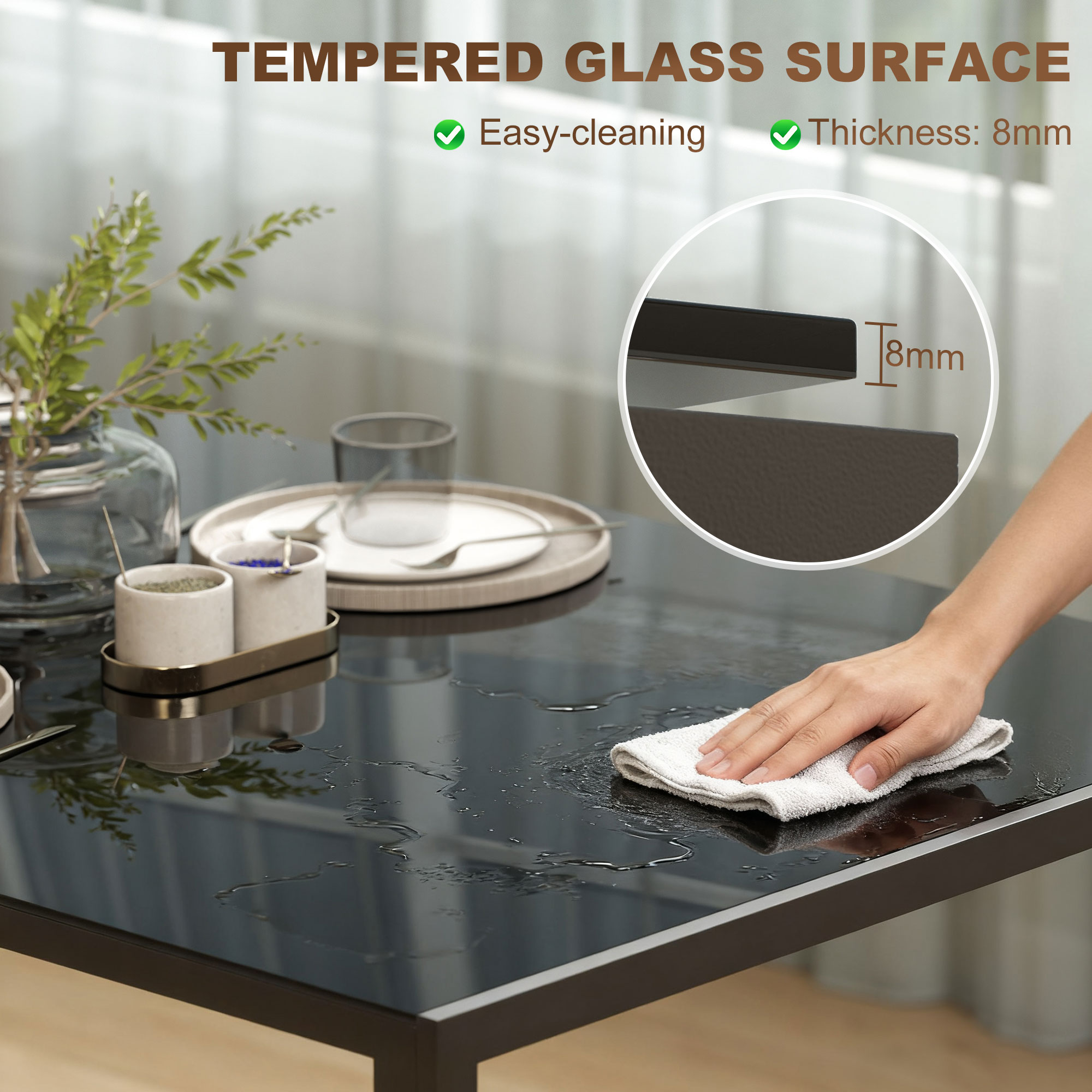 Rectangular Kitchen Table for 4 People, Dining Table with Tabletop Tempered Glass for Dining Room, Living Room, Black - Image 2