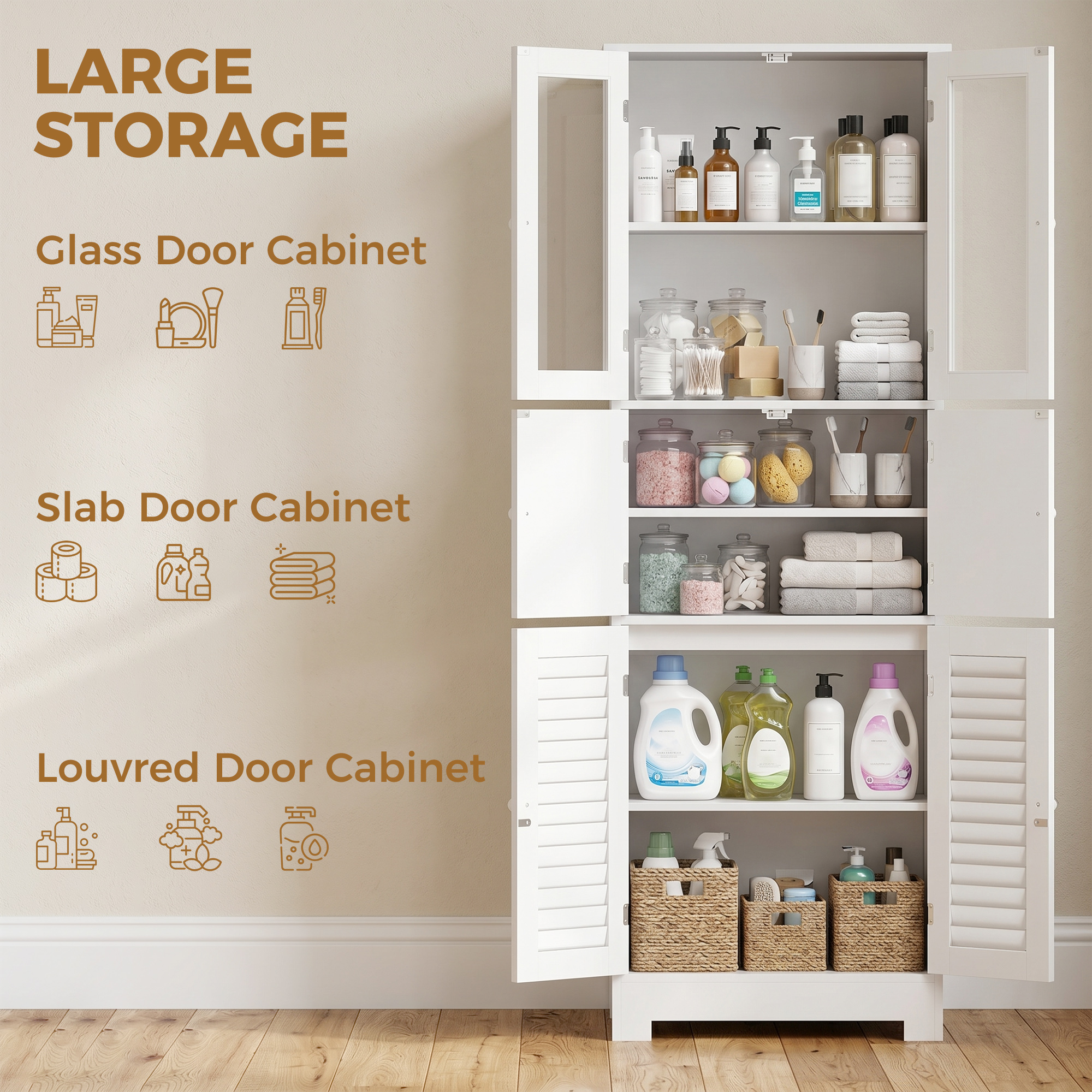 Freestanding Bathroom Cabinet with Glass/Louvred Doors, Tall Bathroom Cabinet for Kitchen, Study, Living Room - Image 4