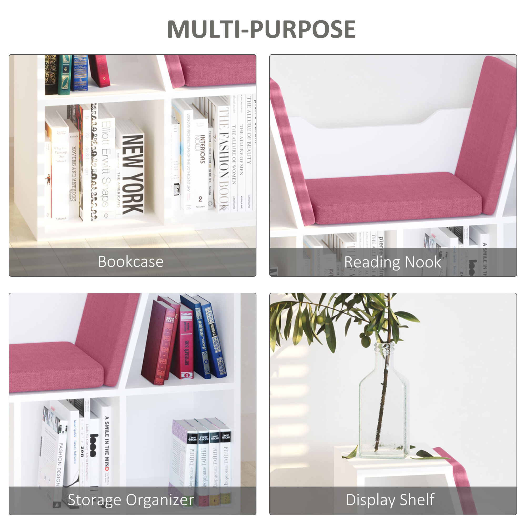 6-Cubby Bookcase with Seat Cushion, Cube Storage Shelf with Reading Nook for Home Office, Study, Pink - Image 4