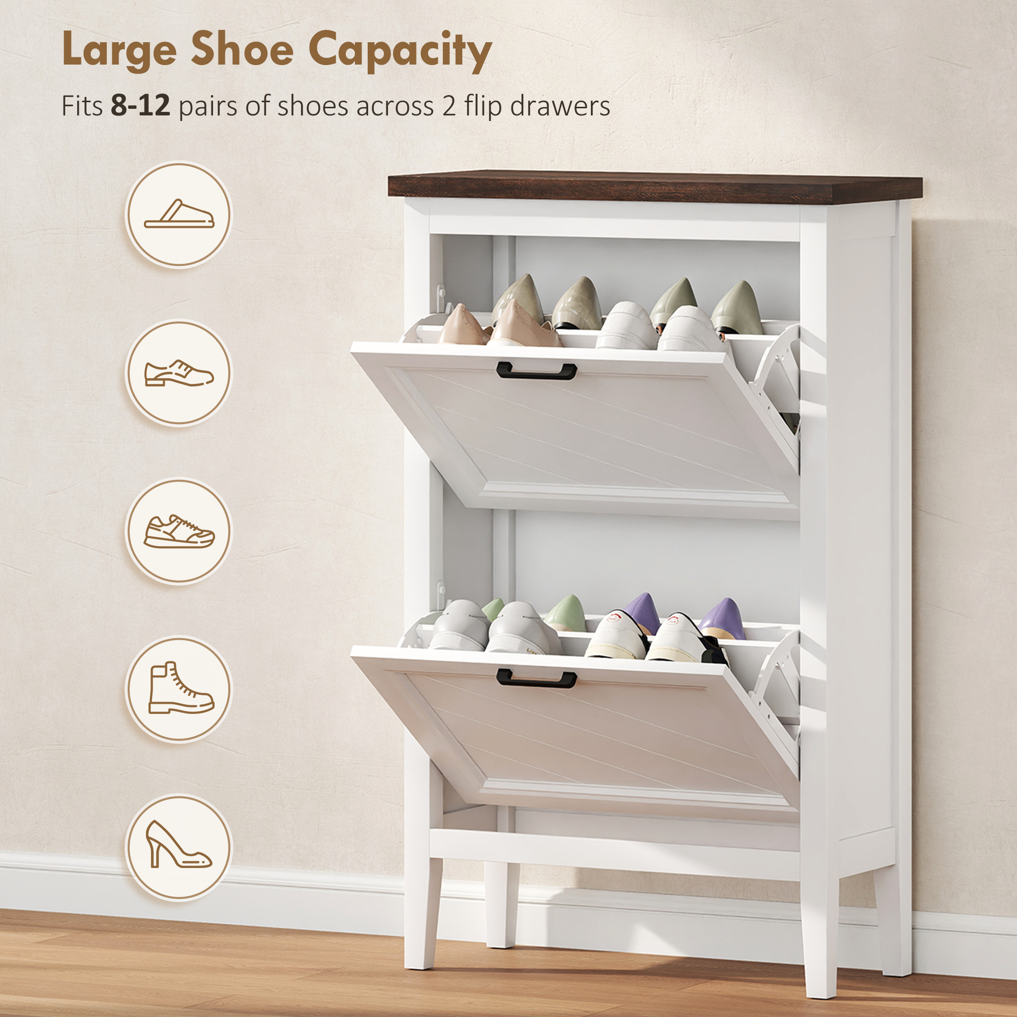 Shoe Cabinet with 2 Flip Drawers, Farmhouse Narrow Shoe Storage Cabinet with Adjustable Shelves, White - Image 3