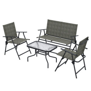 Outdoor 4 Pieces Patio Furniture Set, Garden Set with Two Foldable Armchairs, a Loveseat & Glass Top Table, Mixed Brown