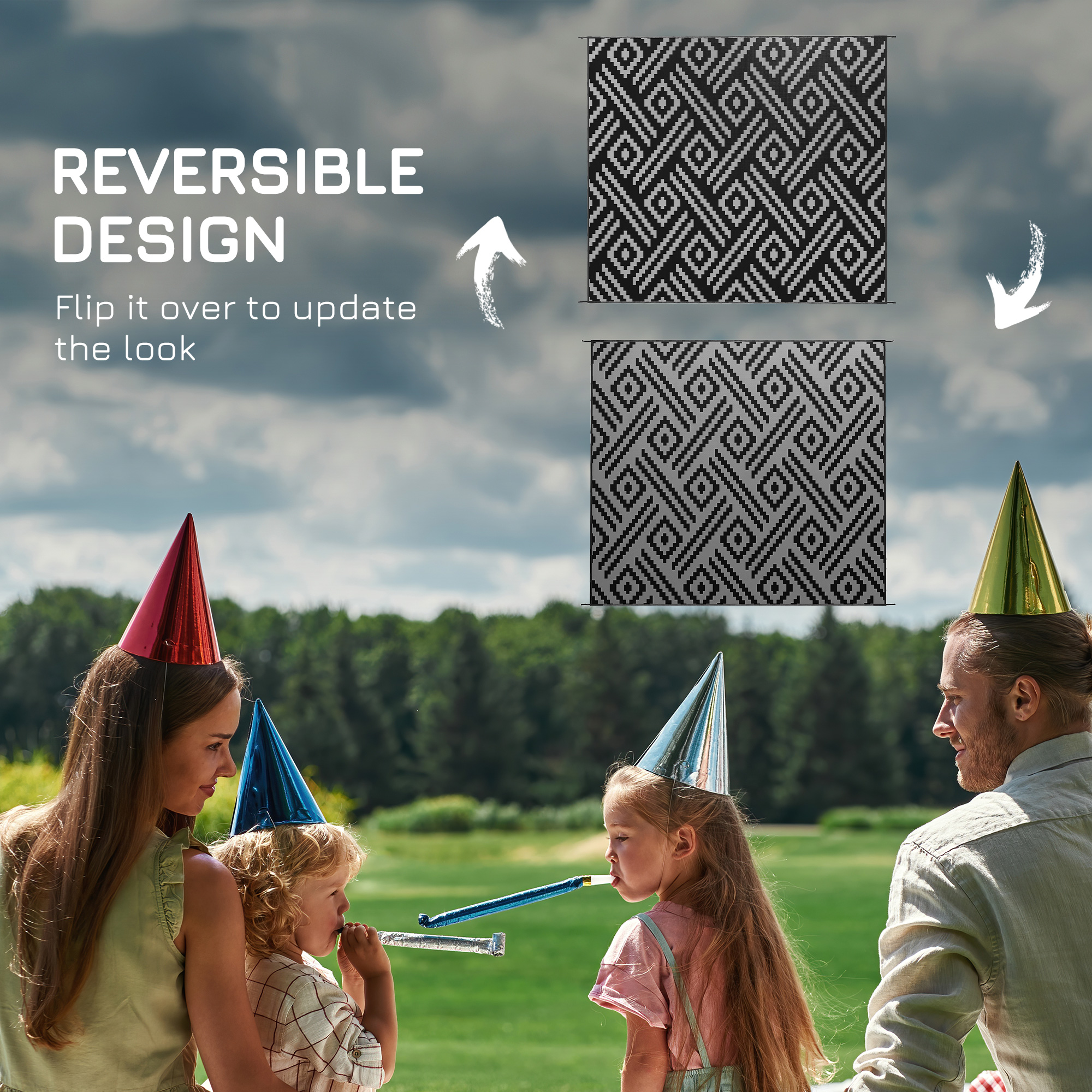 Reversible Outdoor Rug Waterproof Plastic Straw RV Rug with Carry Bag, 8' x 10', Black and Grey Geometric - Image 5