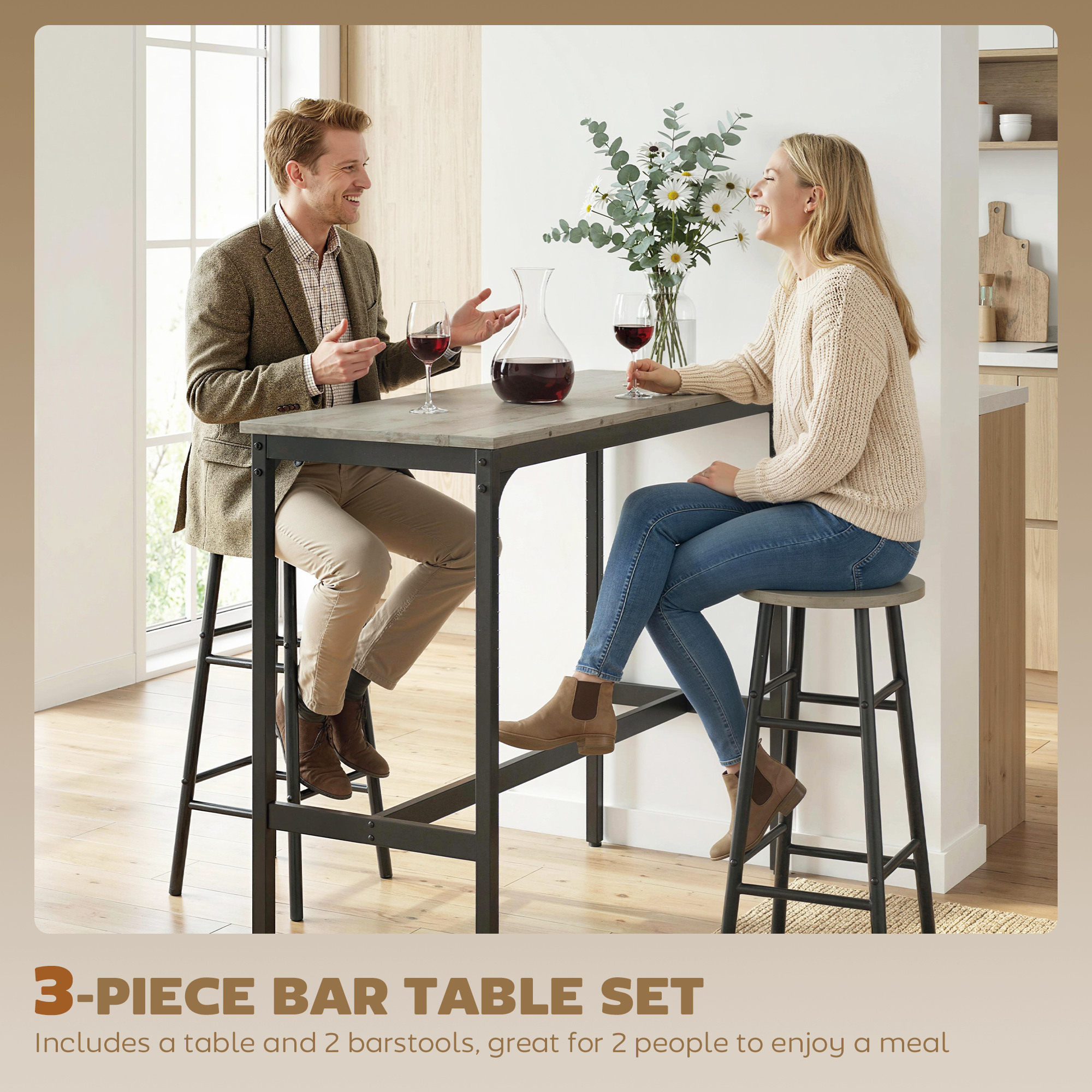 3-Piece Counter Height Bar Table and Chairs, Dining Table and Chairs Set for 2, Pub Table and Chairs - Image 2