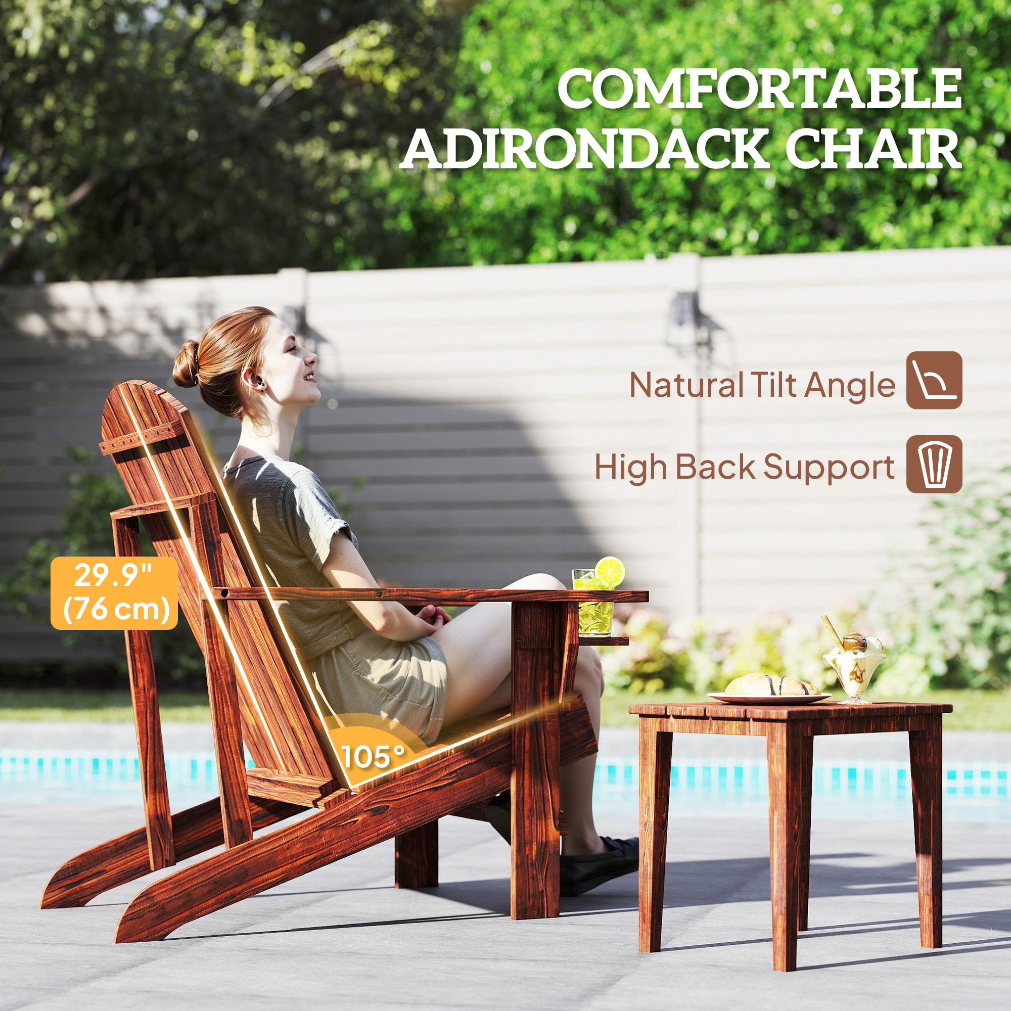 Classic Adirondack Chair Muskoka Chair, Garden Deck Chair with Cup Holder for Patio, Indoor, Backyard, Brown - Image 2