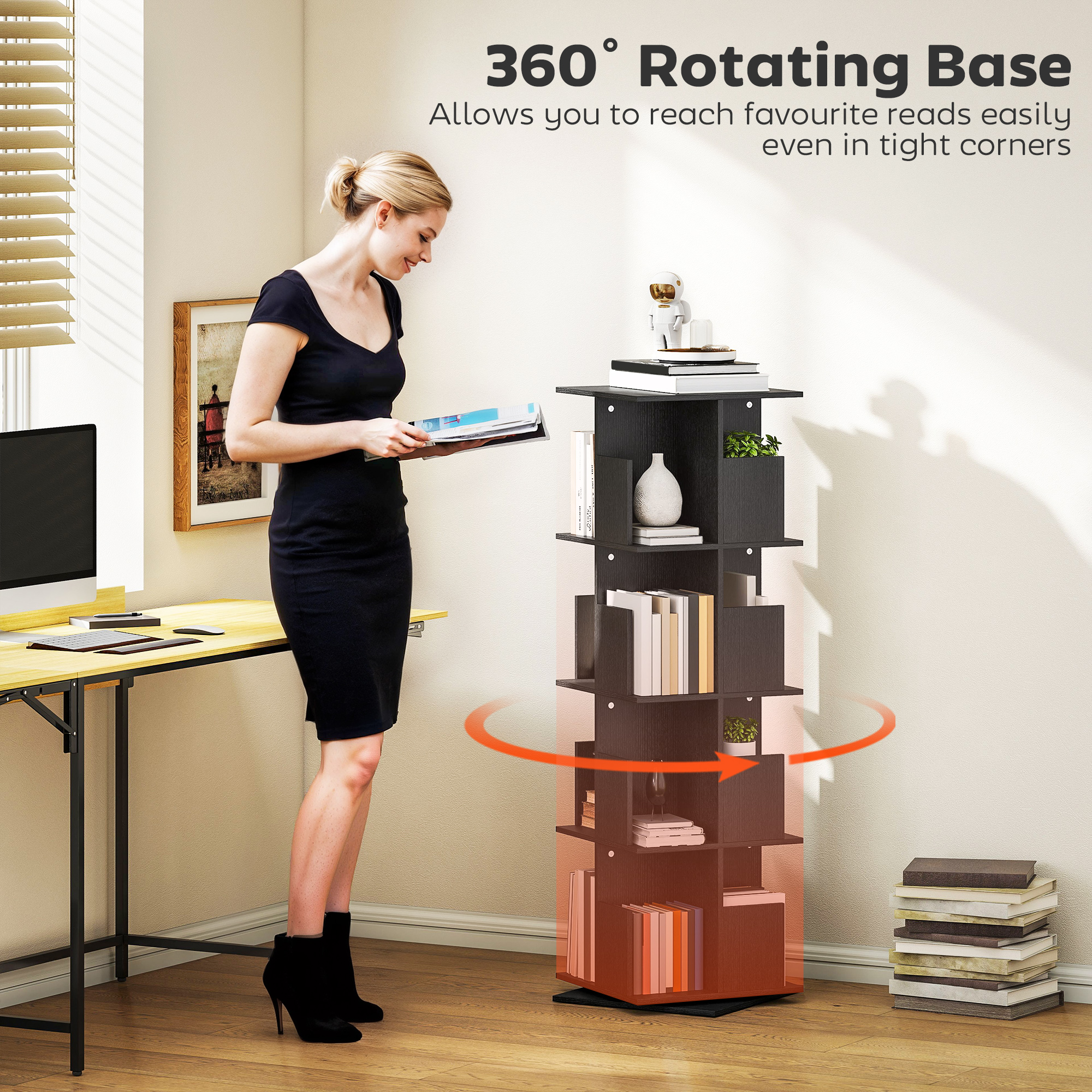 360° Rotating Bookcase with Anti-Tipping Straps, Anti-Slip Foot Pads, 4 Tier Bookshelf with 16 Cubbies for Books, Plants, Decorations, Black - Image 2