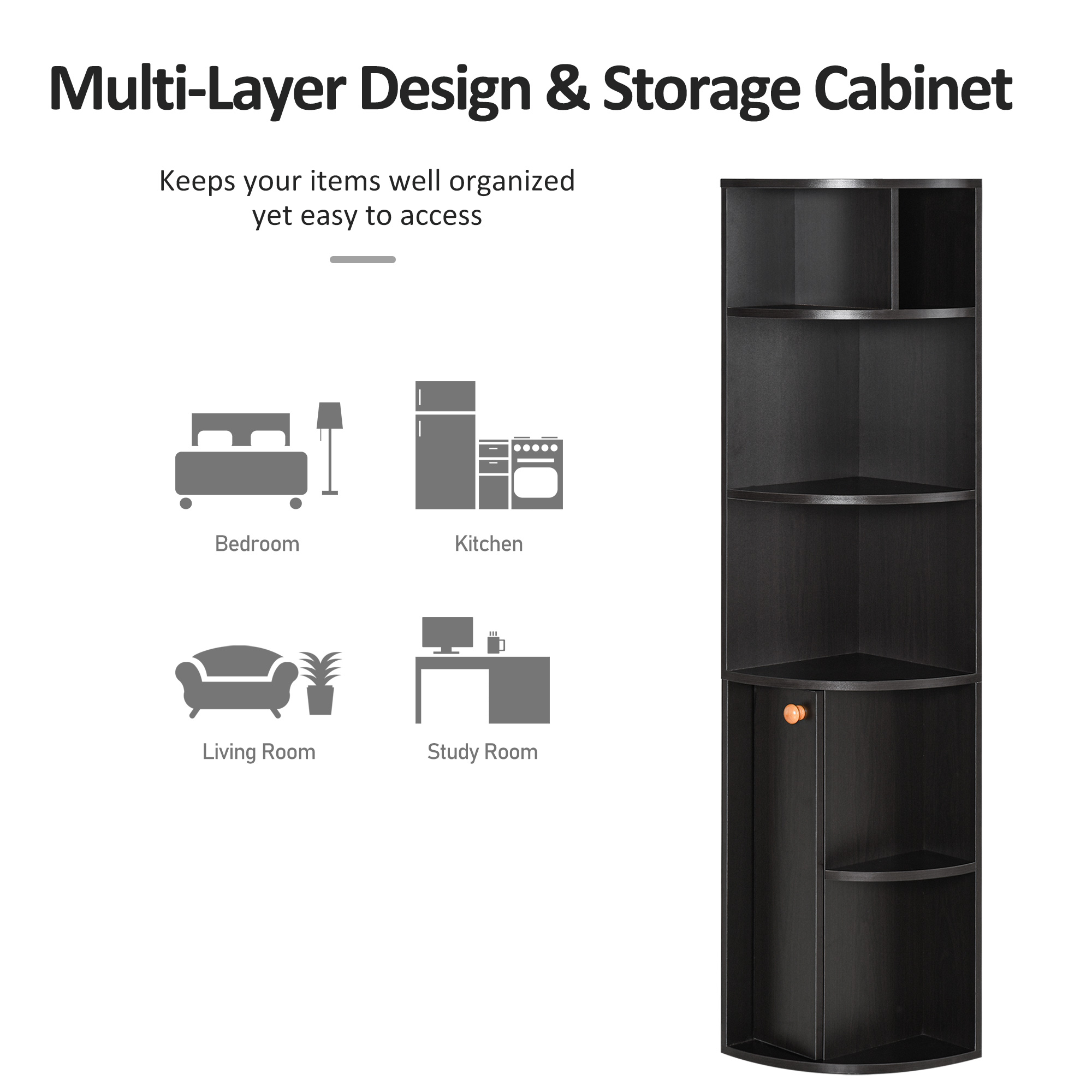 5-Tier Corner Bookcase, Storage Bookshelf, Freestanding Display Shelves with Open Compartments and Cabinet for Home Office, Living Room, Study, Black - Image 2