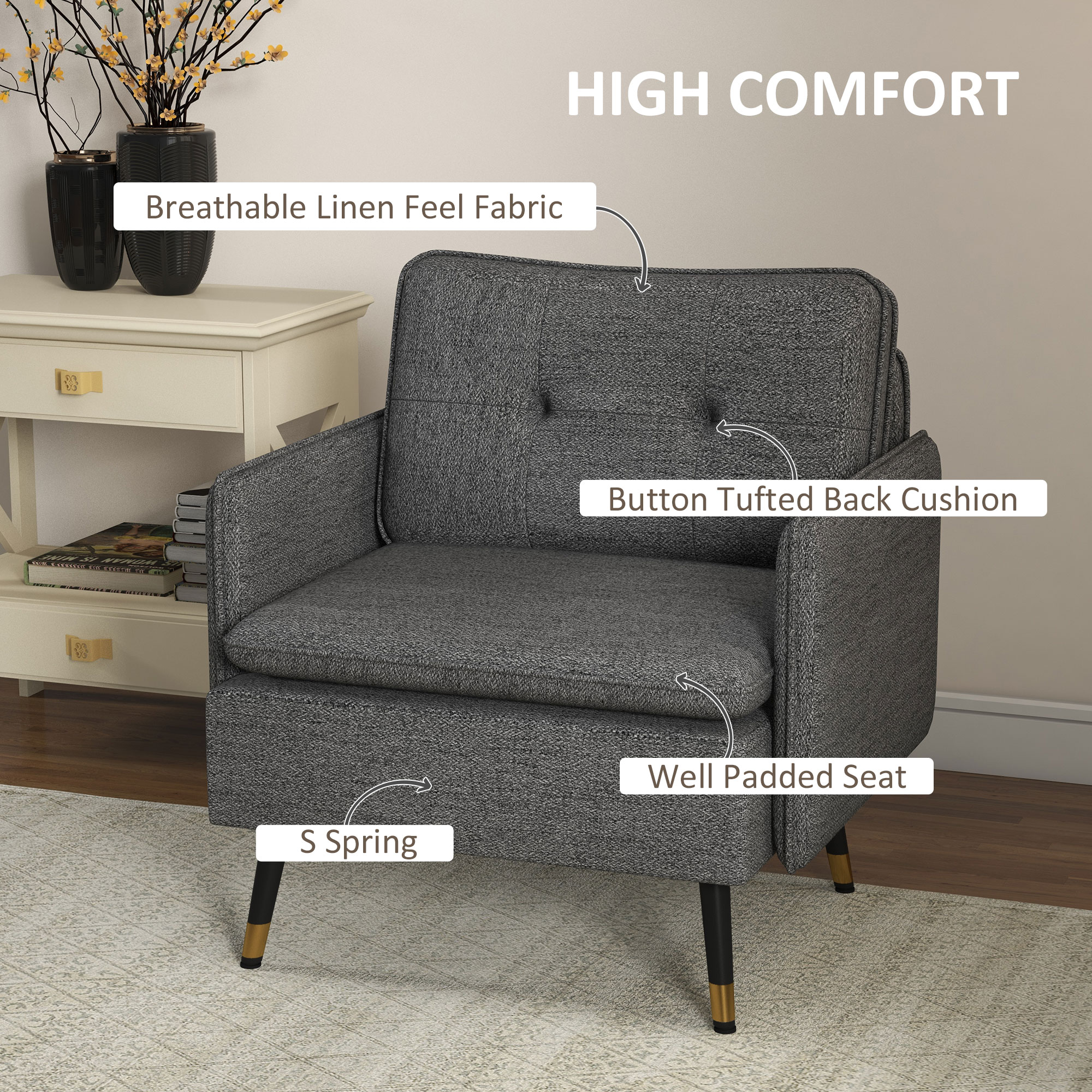 Accent Chair, Upholstered Armchair with Tufted Back Cushion and Steel Legs for Living Room, Bedroom, Dark Grey - Image 2