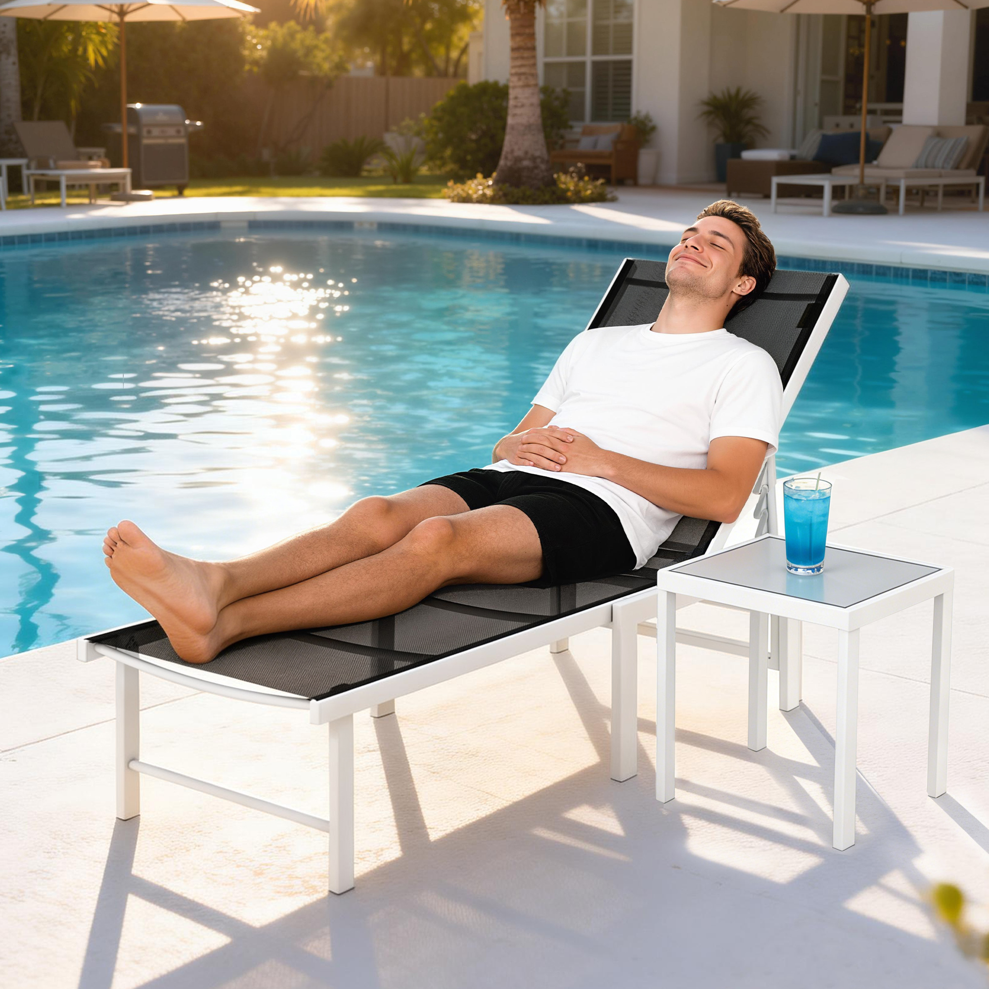 Outdoor Lounge Chair, 5-Position Reclining Outdoor Chaise Lounge Tanning Chair with Mesh Seat, Black - Image 6