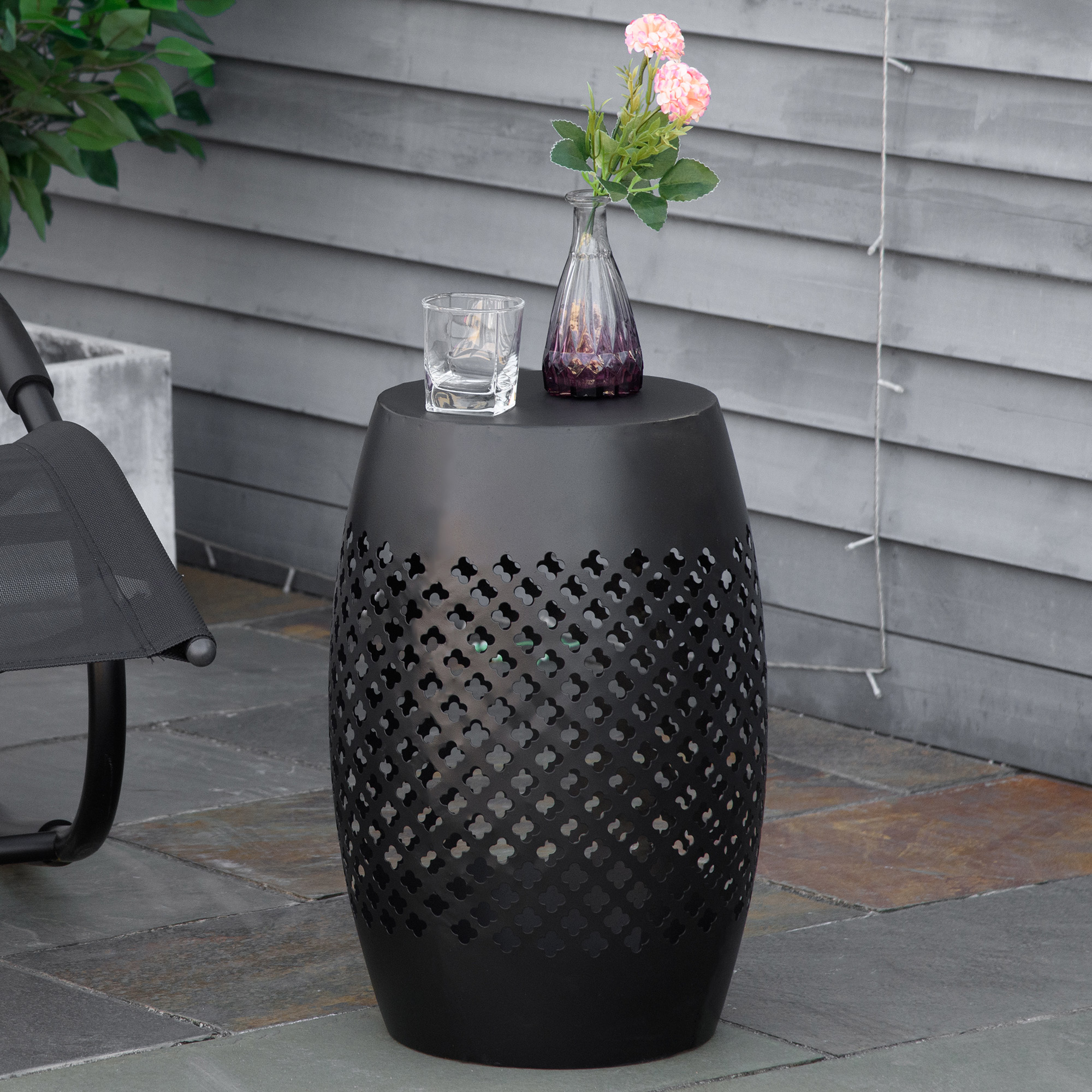 12" Steel Patio End Table, Round Hollow Drum Side Table, Accent Table for Indoor and Outdoor, Black - Image 6