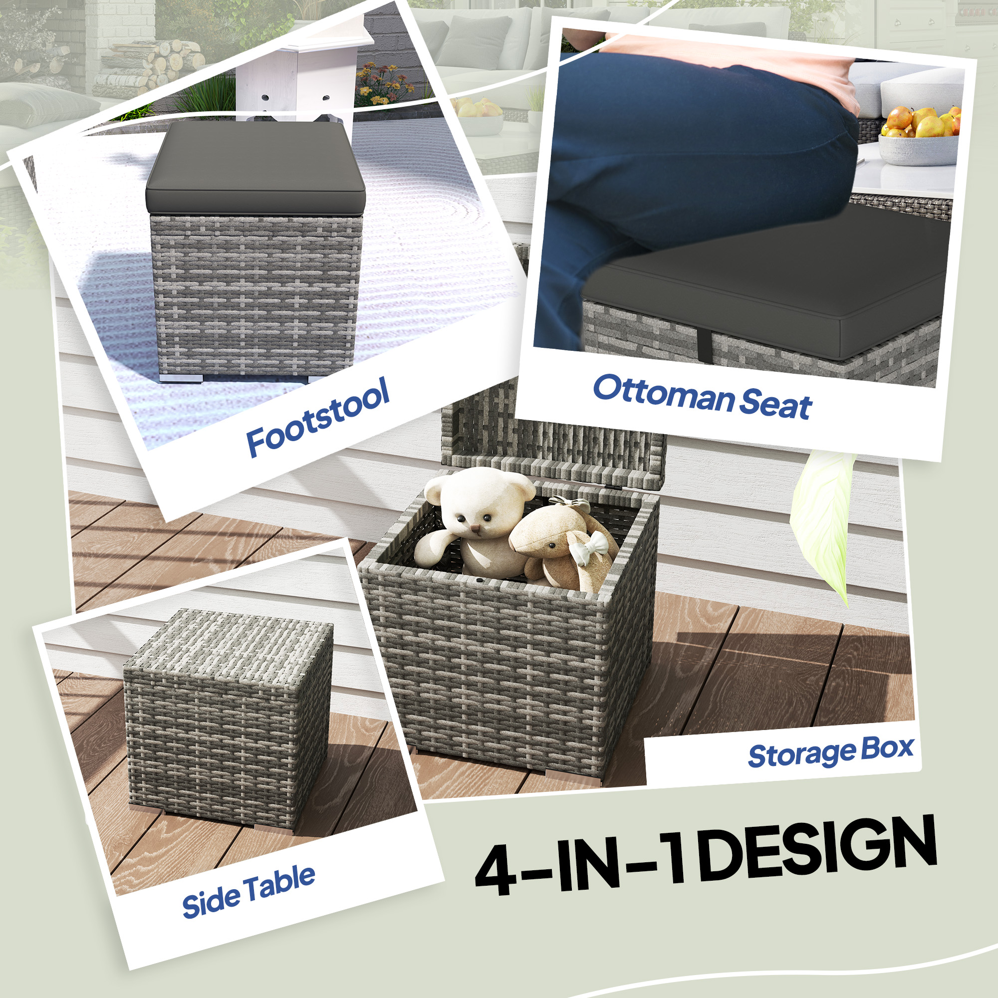 2 Pieces Wicker Outdoor Ottoman with Storage, Cushion, Square Outdoor Footstool, Seating, Side Table, Dark Grey - Image 5
