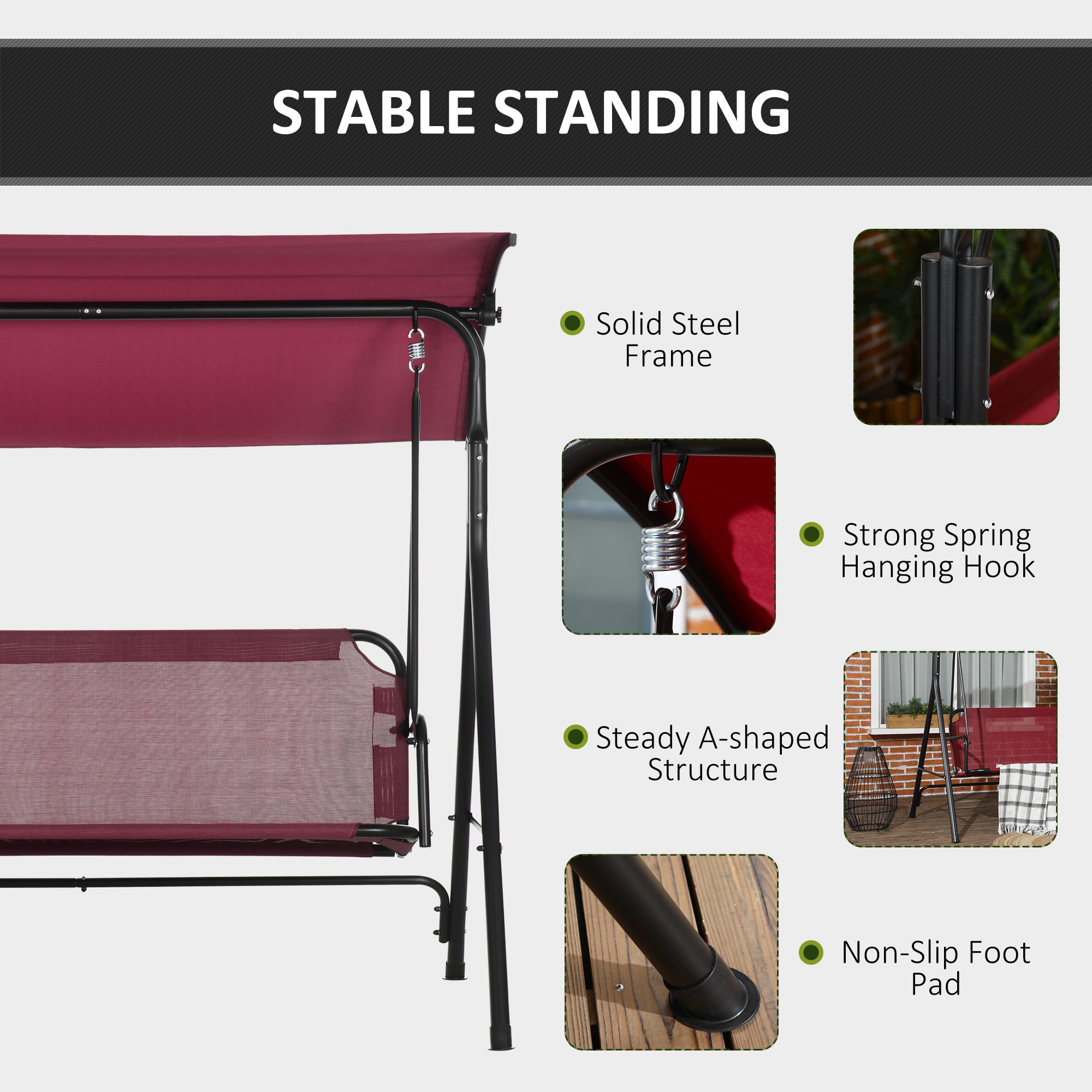 3-Seater Outdoor Porch Swing with Adjustable Canopy, Patio Swing Chair for Garden, Poolside, Backyard, Wine Red - Image 3