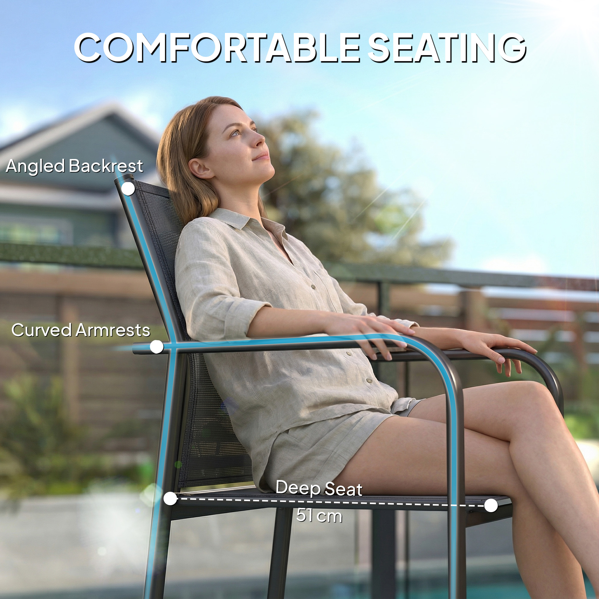 Stackable Patio Chairs Set of 4, Outdoor Dining Chairs with 20" Deep Seat, All Weather Breathable Mesh, Armrests, Black - Image 3