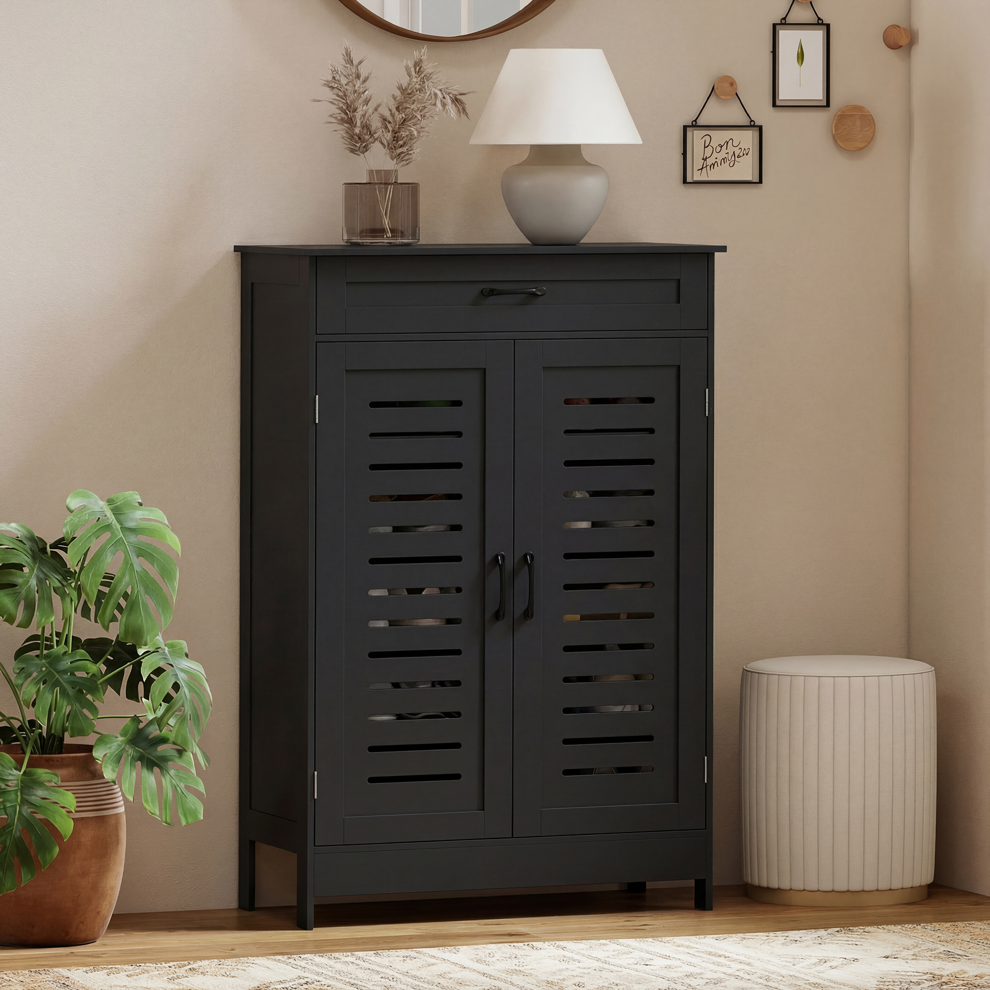 Shoe Cabinet with Louvered Doors, Modern Shoe Storage Cabinet with Drawer and Adjustable Shelves, Black - Image 6